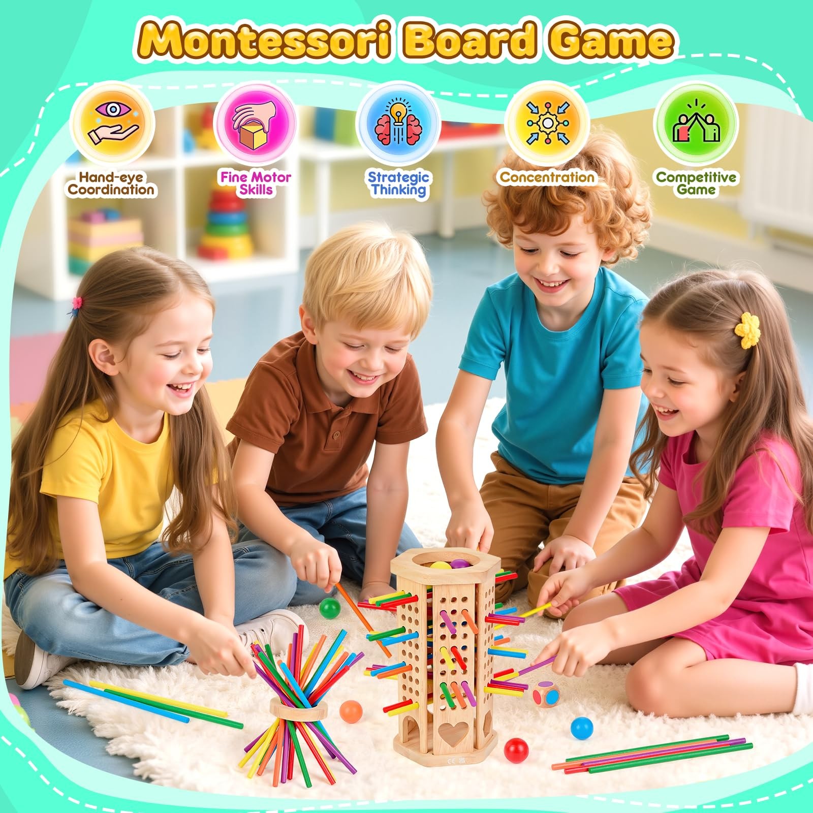 Montessori Wooden Board Game, 42-Stick Dice Game, Math Puzzle for 3 4 5 6 Yea…