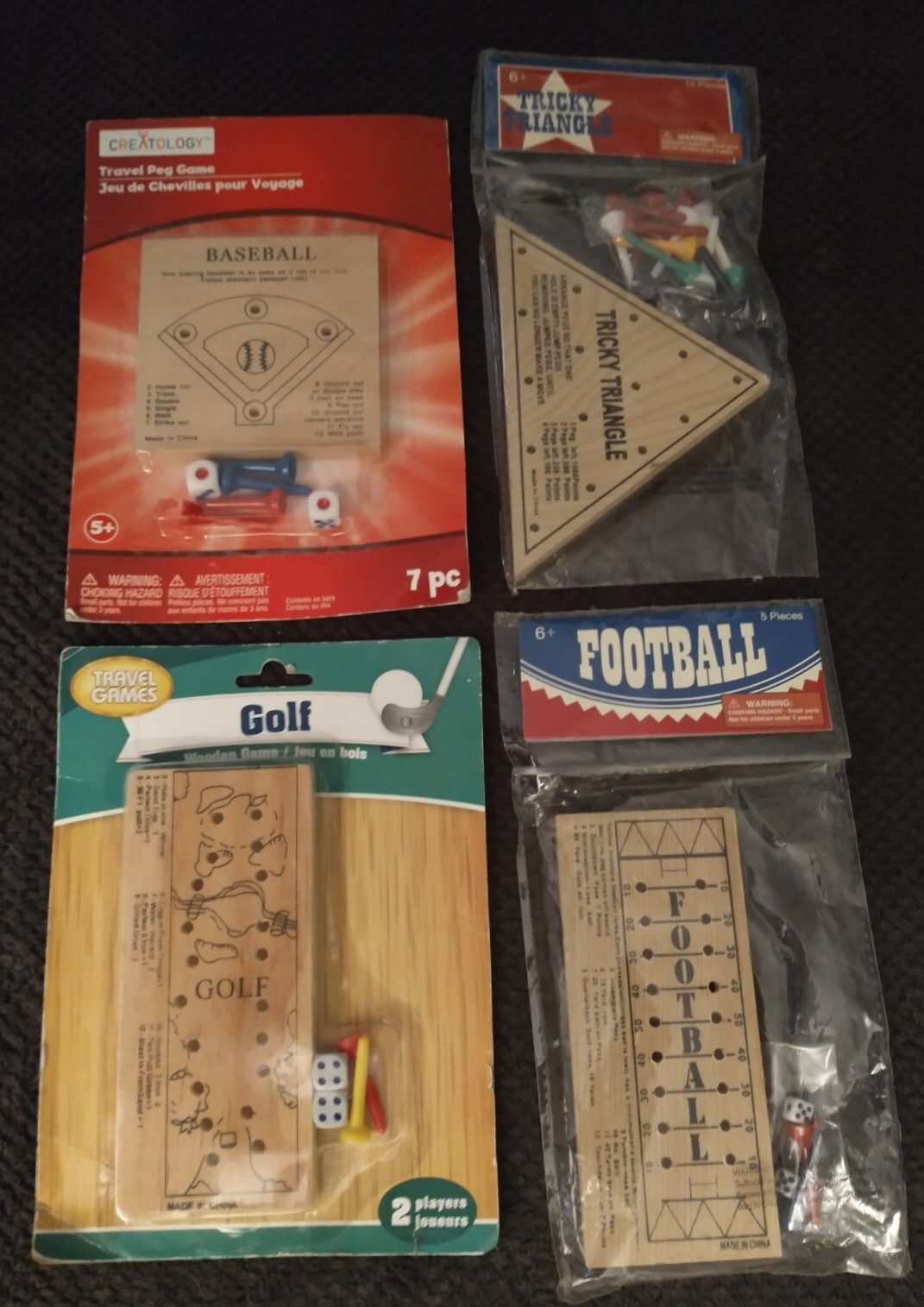 4 GAME BUNDLE – Travel Peg Games – Golf, Football, Baseball, & Tricky Triangle