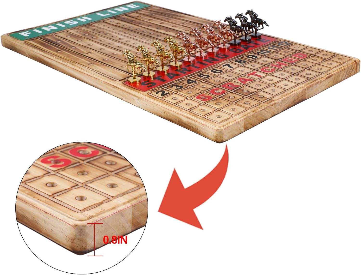 Large 21 Inches Horse Racing Board Game with 11 Luxury Metal Horses Thickened Wo