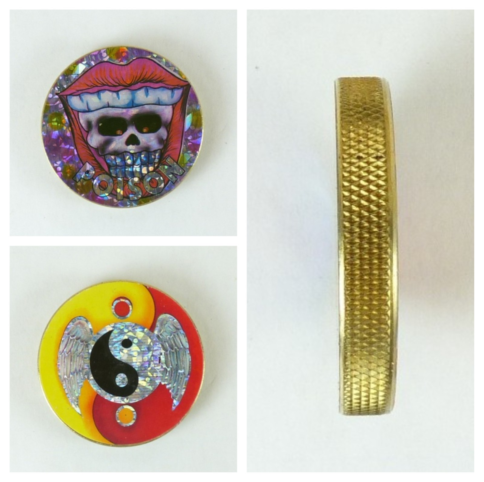 1/4″ Thick 2.5oz Heavy Brass Double Sided Pogs Slammer Poison Skull Ying Yang