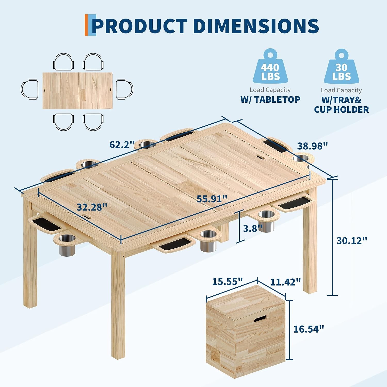 Convertible Board Game Table Solid Wood Dining Poker Table 6 Cup Holders & Mat