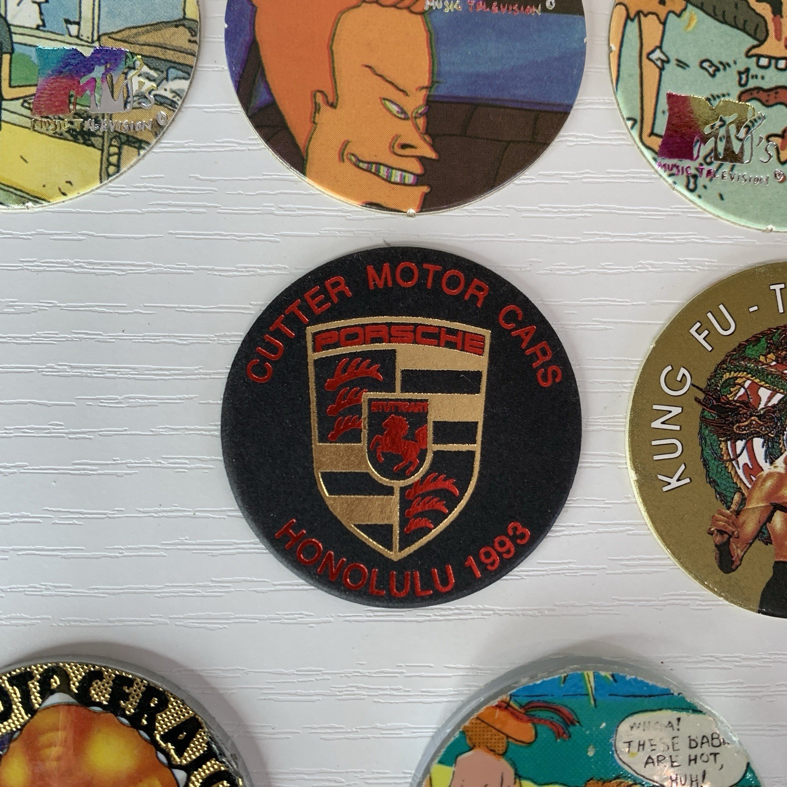 Vintage Pogs Slammers 1992 Beavis Butthead Bruce Lee Porsche Bad Boy Case Xlnt