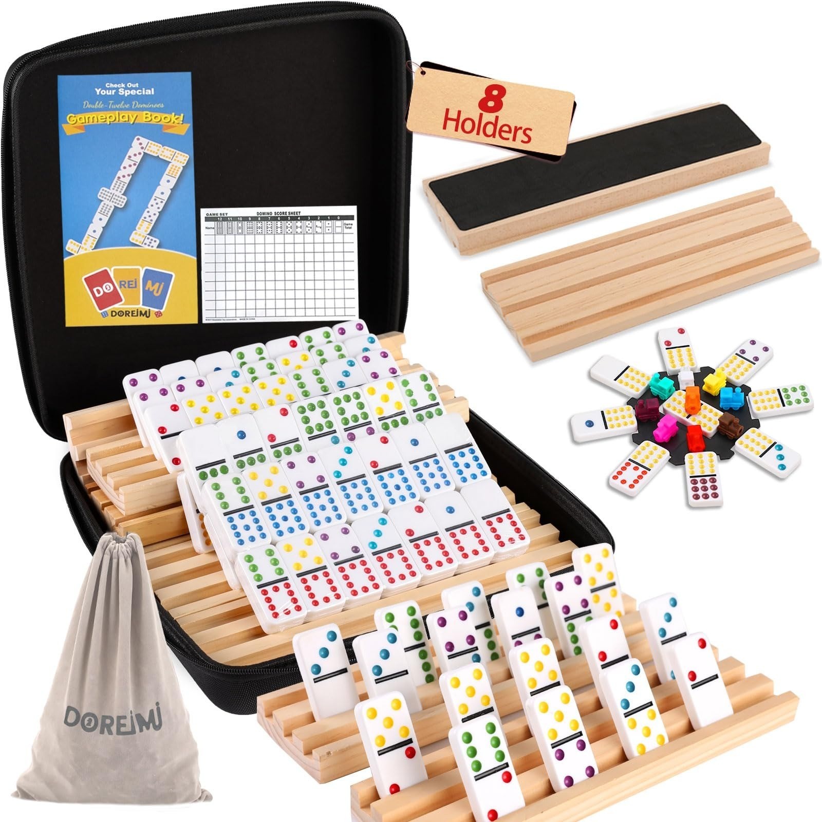 Mexican Train Dominoes Set Numbers and 8 Wooden Holders, Double 12 Travel Domino
