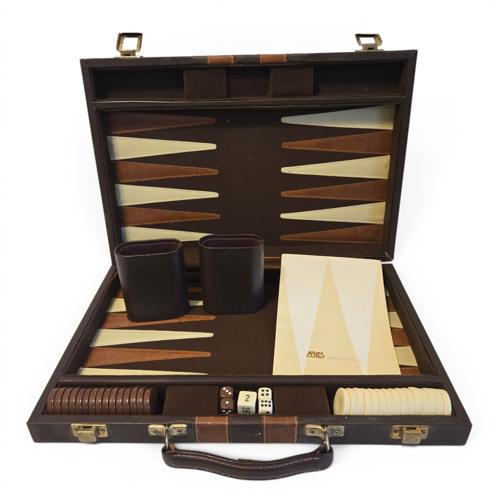 Backgammon Faux Leather 15 x 10 Case, 1 1/8″ Cream & Brown Checkers **COMPLETE**