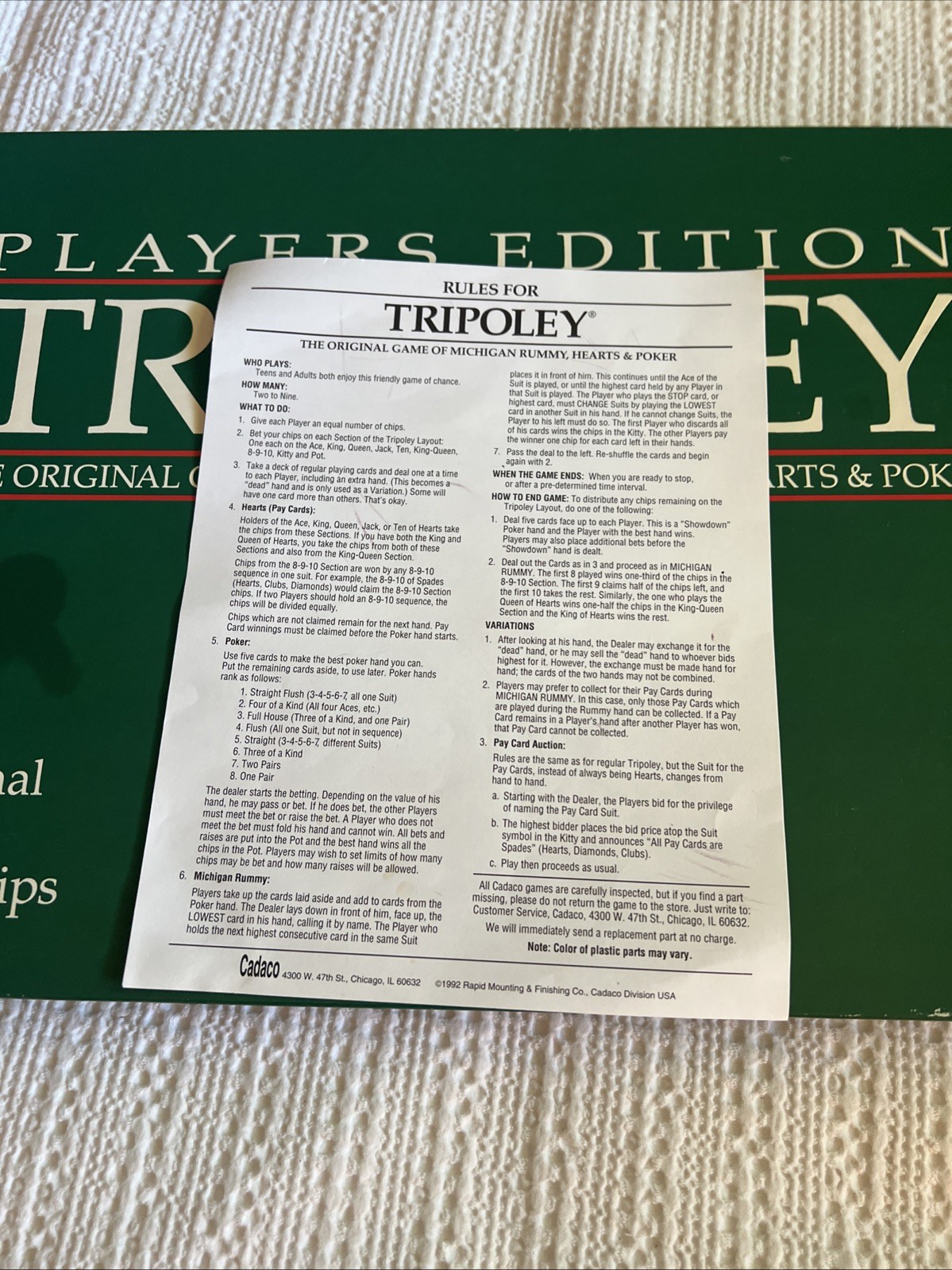 Vintage Cadaco Tripoley 300 Players Edition Board Game 1989 Michigan Rummy Poker