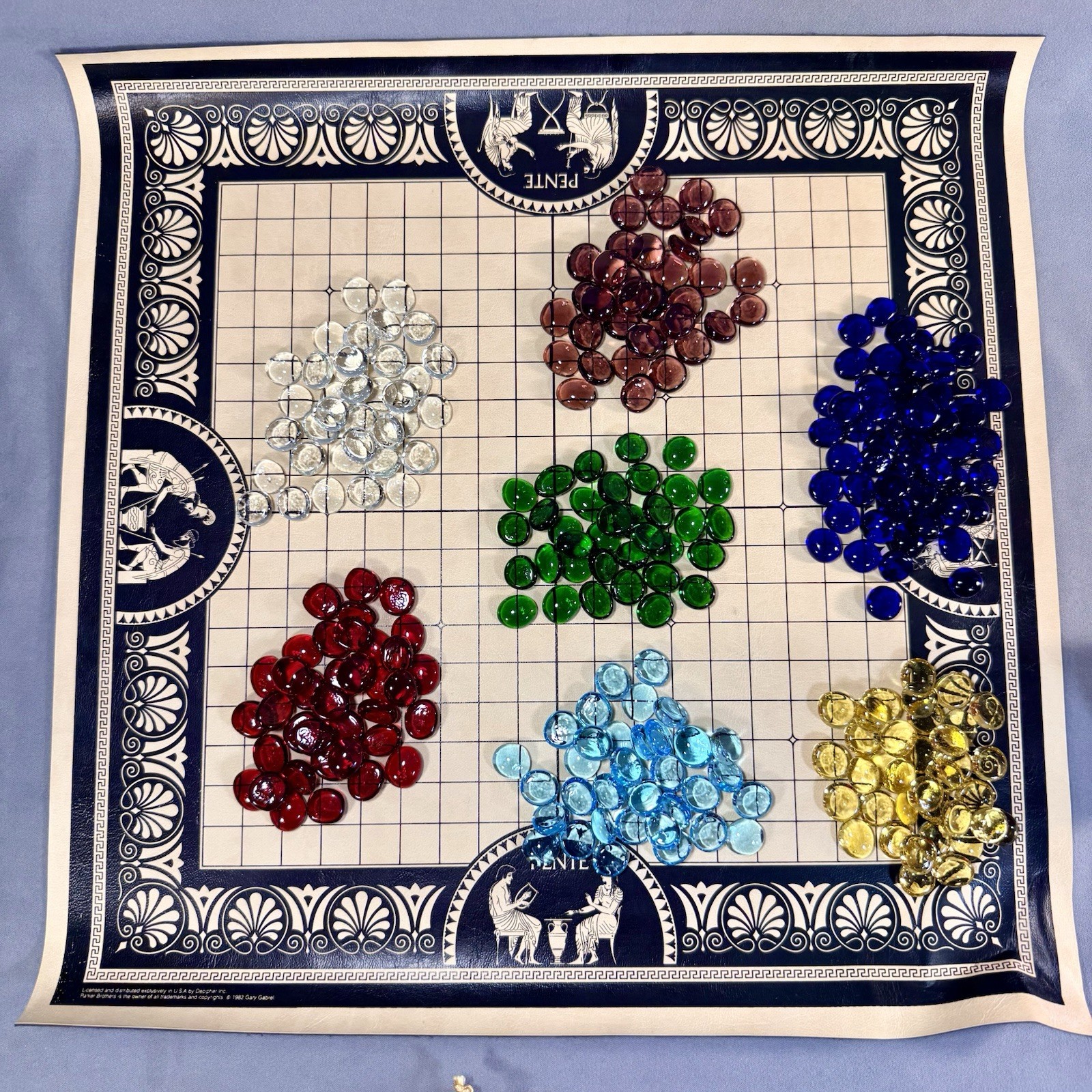 1987 Vintage Red Tube PENTE Game Yellow Green Purple Red Cobalt Blue Clear Stone