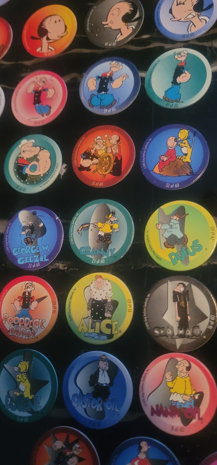 1995 Popeye POGs Complete Set (1–60) + Hot Pink Tube Vintage 90s Milk Cap Game