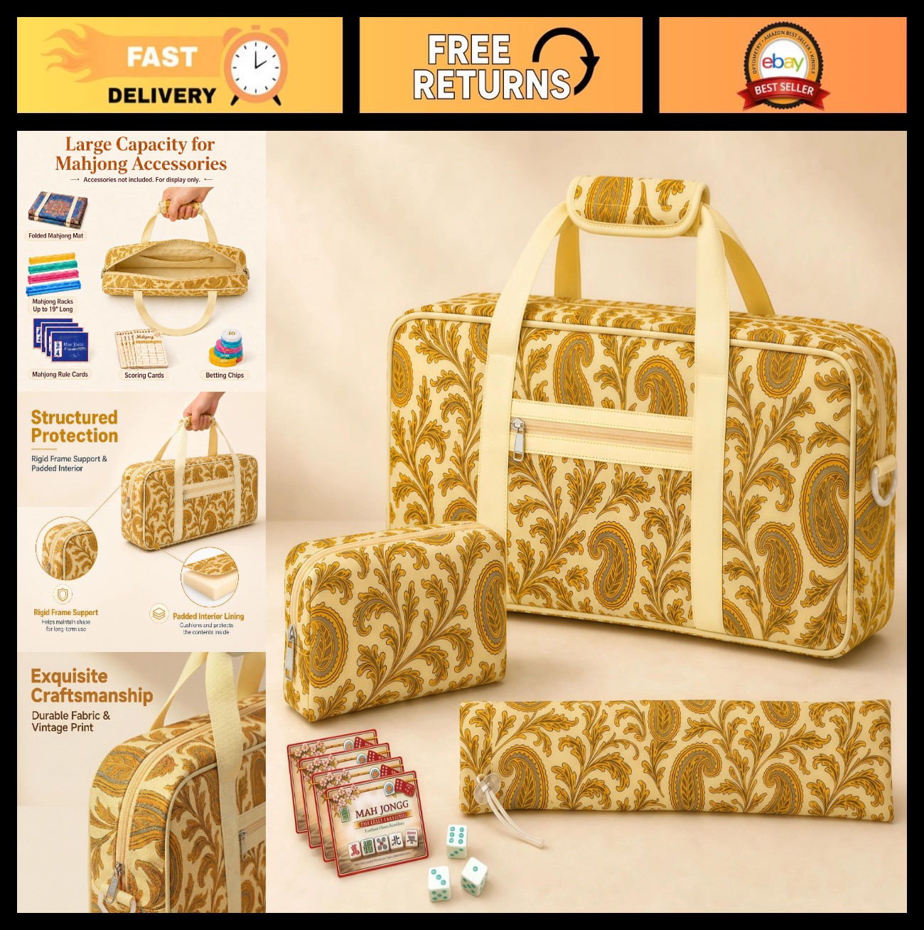 Mahjong Bag Set for Tiles & Racks – 3-Piece Carrying Case, Zipper & Drawstring,