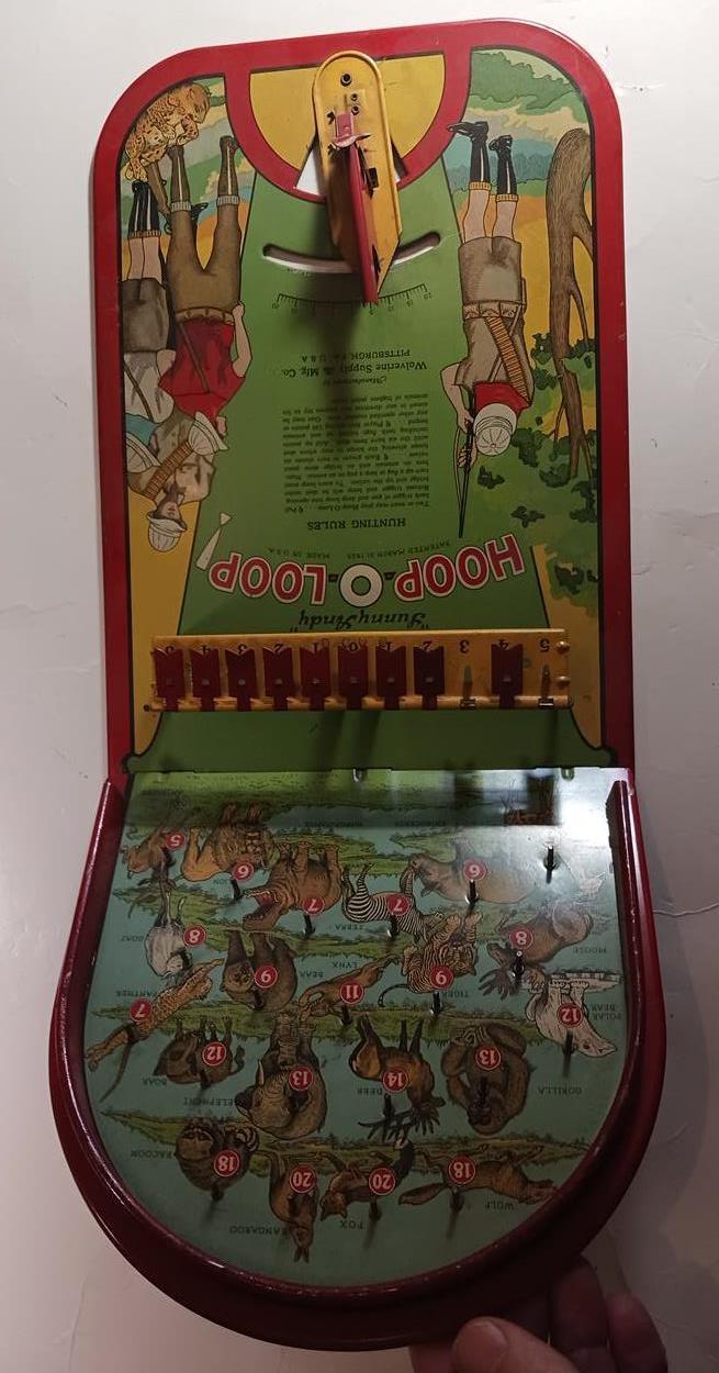 VINTAGE SUNNY ANDY HOOP O LOOP HUNTING GAME WOLVERINE 1925 SHOOTING TIN TOY
