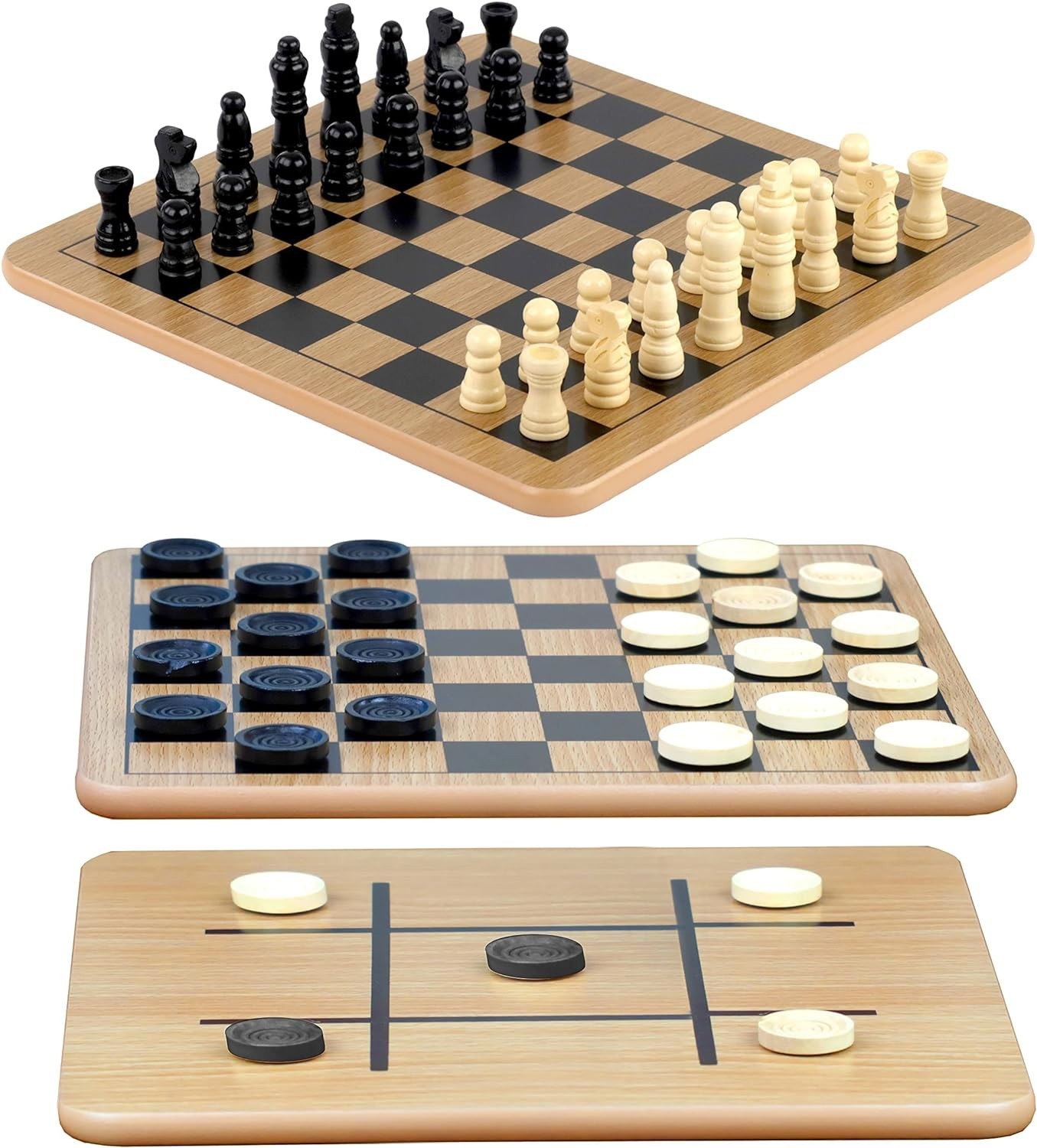 Reversible Wooden Board Game for Chess, Checkers & Tic-Tac-Toe – 10.5 Inch