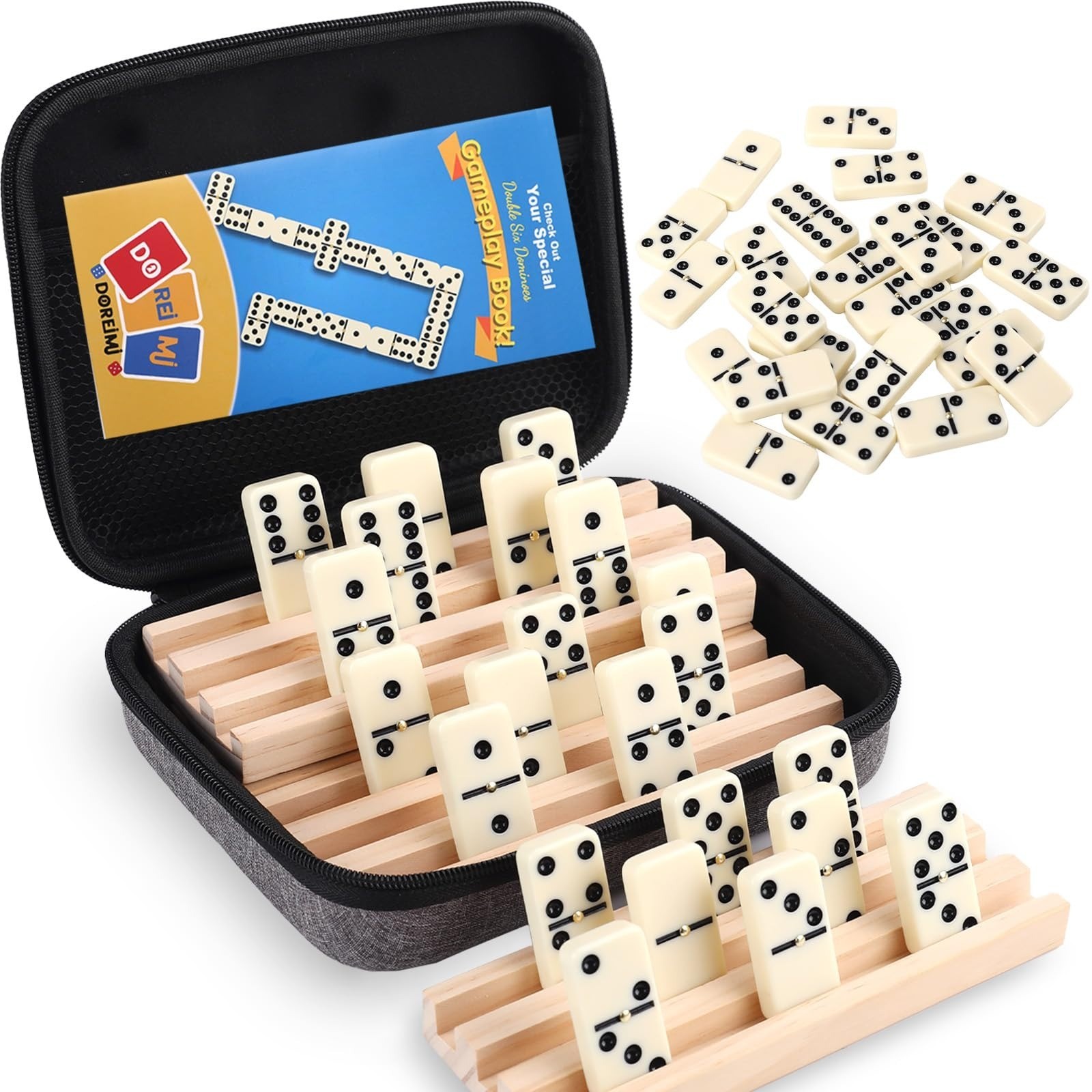 Mexican Train Dominoes Set Numbers and 8 Wooden Holders, Double 12 Travel Domino