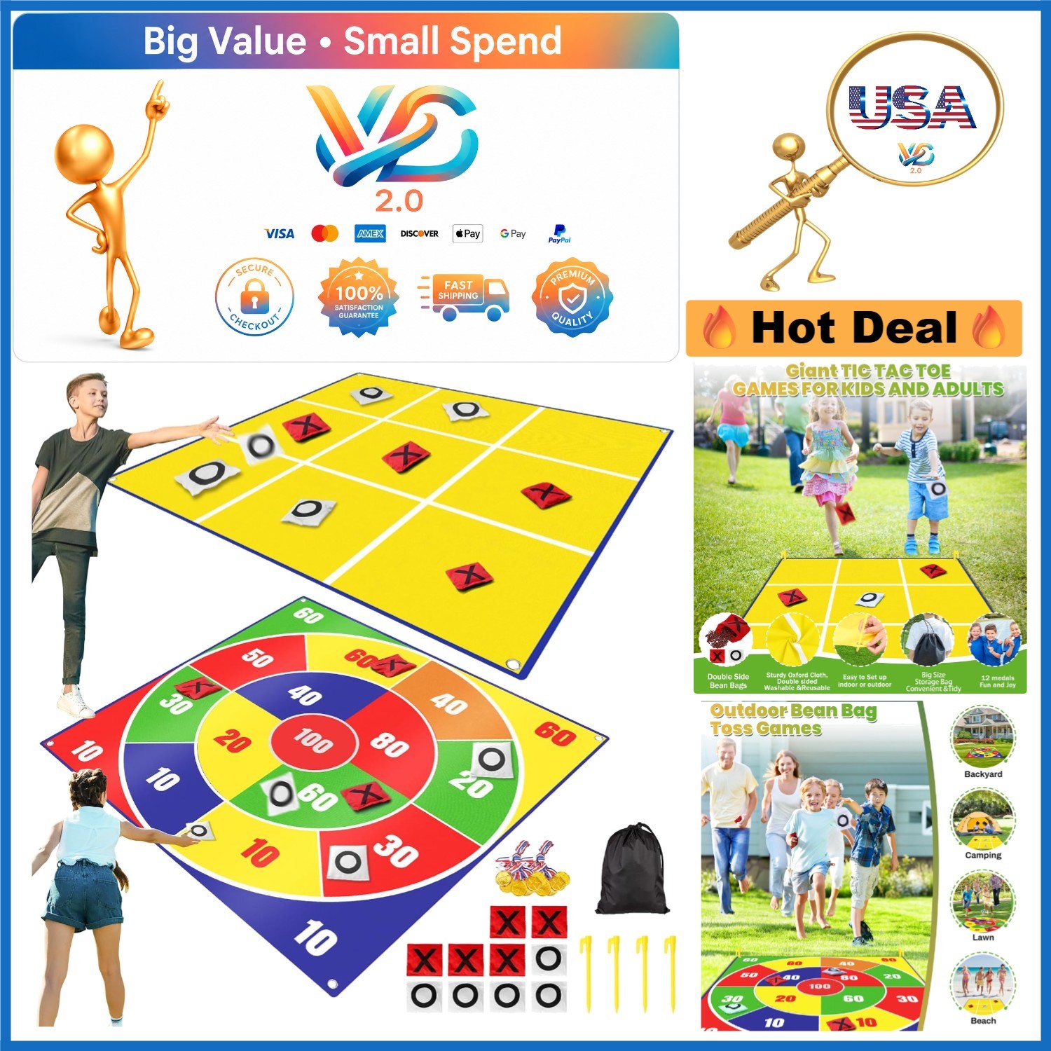 Giant 4.5ft Outdoor Tic Tac Toe & Bean Bag Toss Game Set for Kids Adults