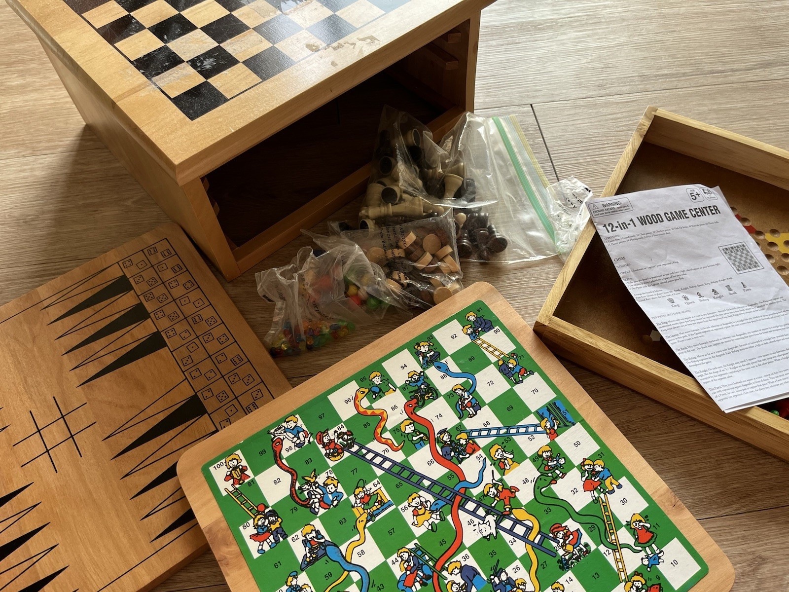 12-in-1 Wood Game Center Classic Board Games Set, Complete Game, Ages 5+
