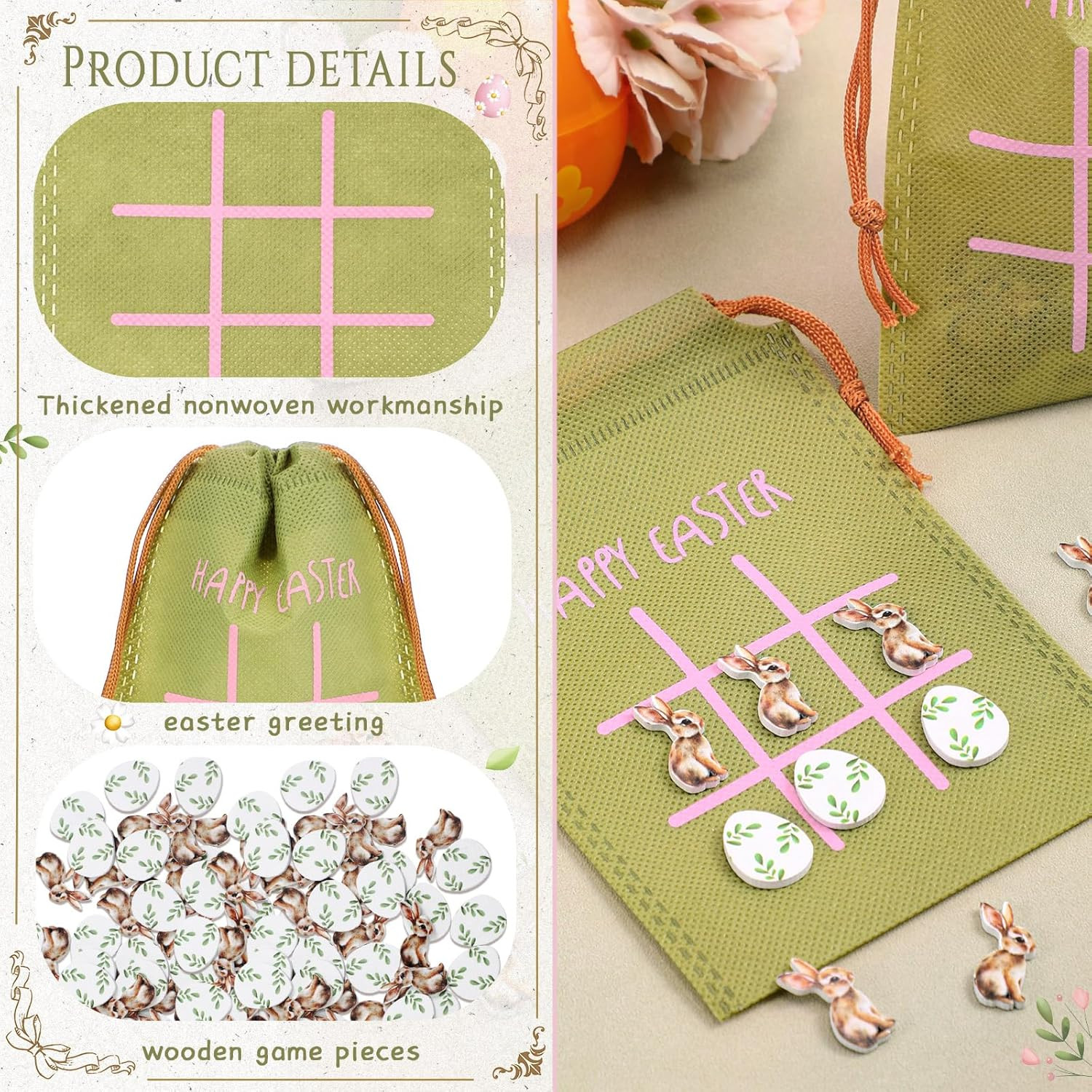 36 Set Easter Game for Kids Bulk Bunny Tic Tac Toe with Vintage Easter Egg Woode