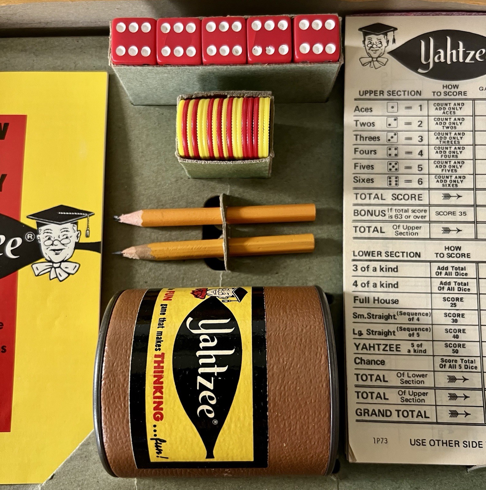 Vintage 1956 Yahtzee Complete E.S. Lowe Dice Game w Dice Cup Box Manual VG! MCM