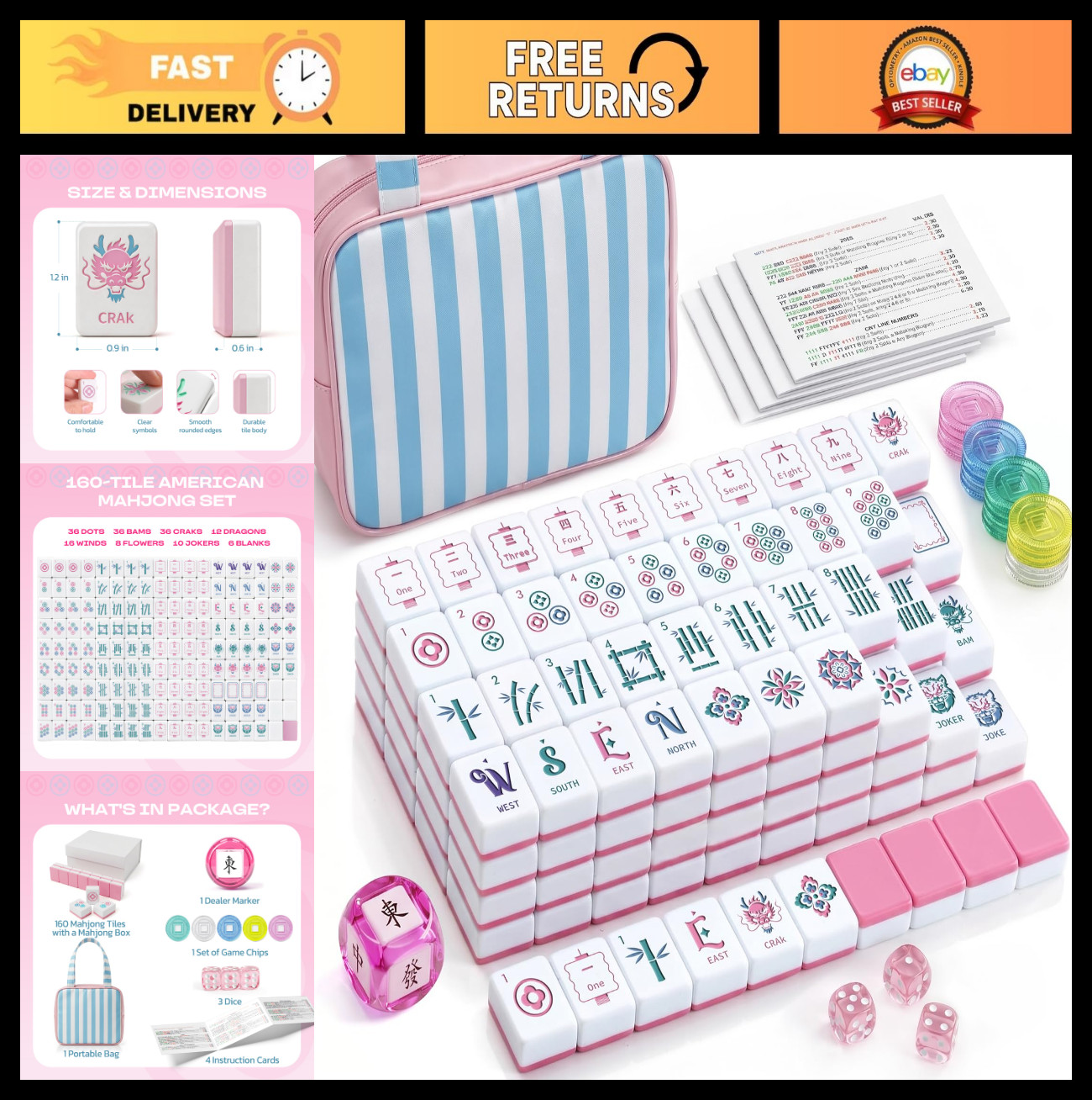 Mini American Mahjong Tile Set – 160 Tiles with Travel Bag, Portable Game Access