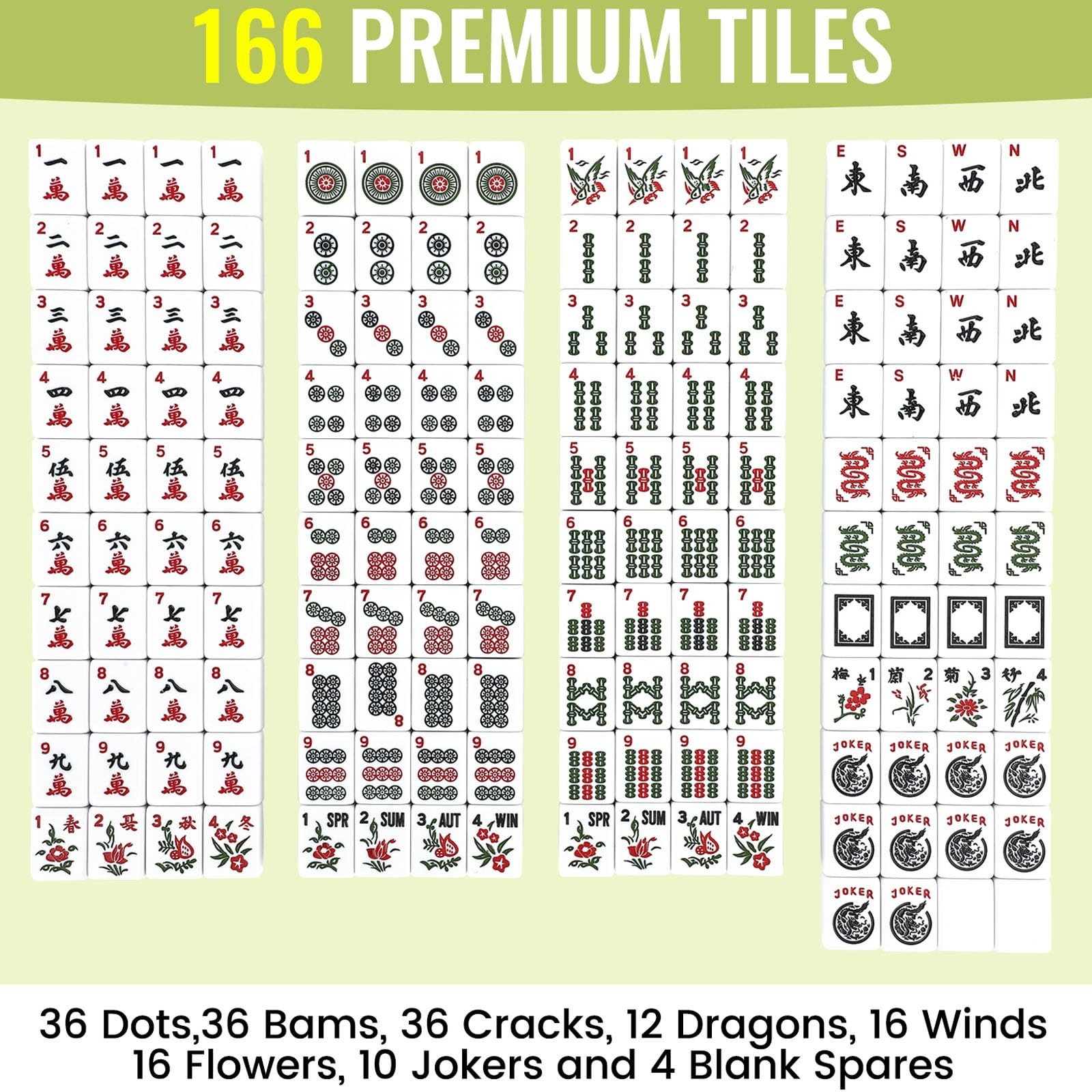 Mahjong Tile Set 166 Tiles 4 Colors Racks Travel Set with Blue Carrying Bag