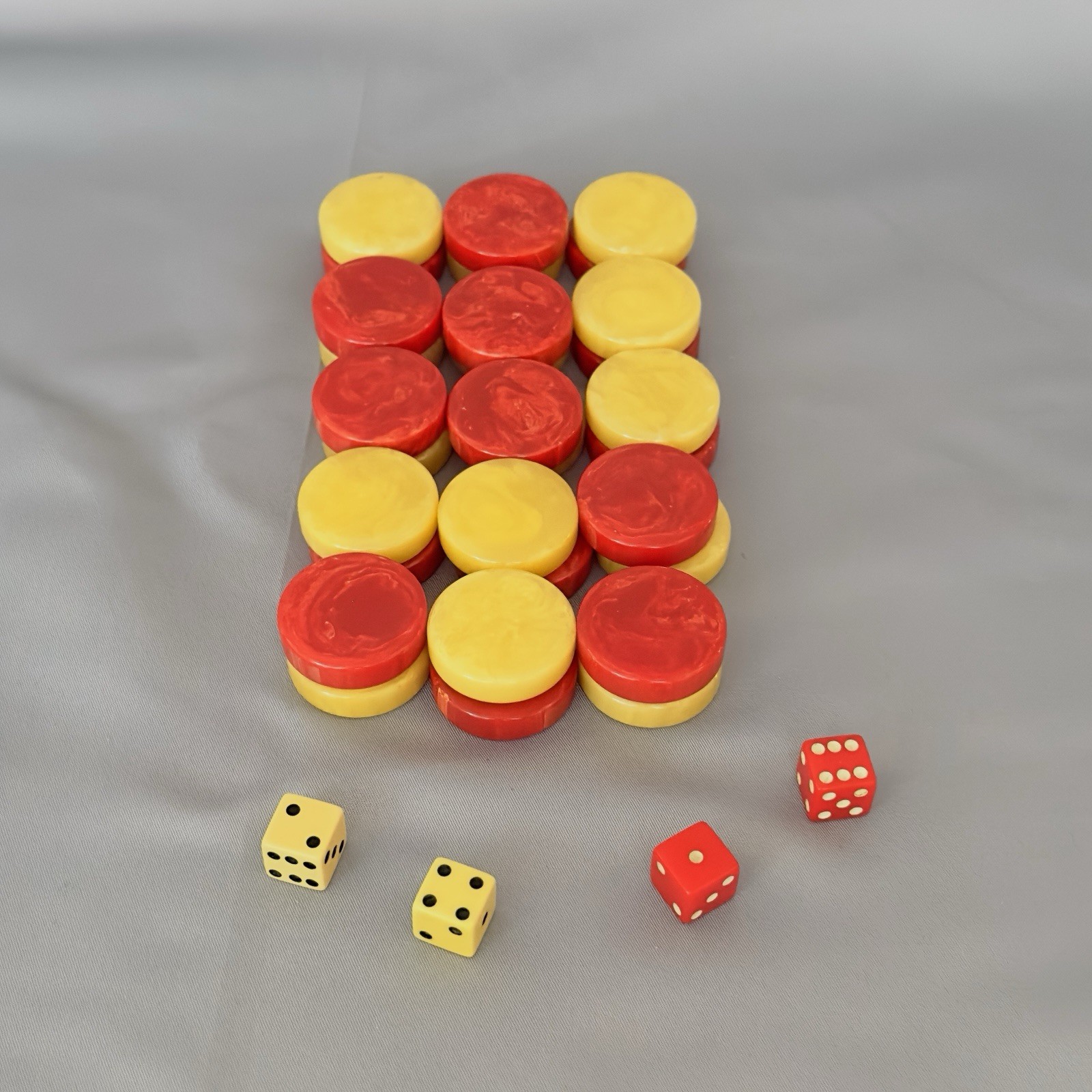 Bakelite Backgammon Checkers Set 30 Pieces Red Yellow Butterscotch Swirl w Dice