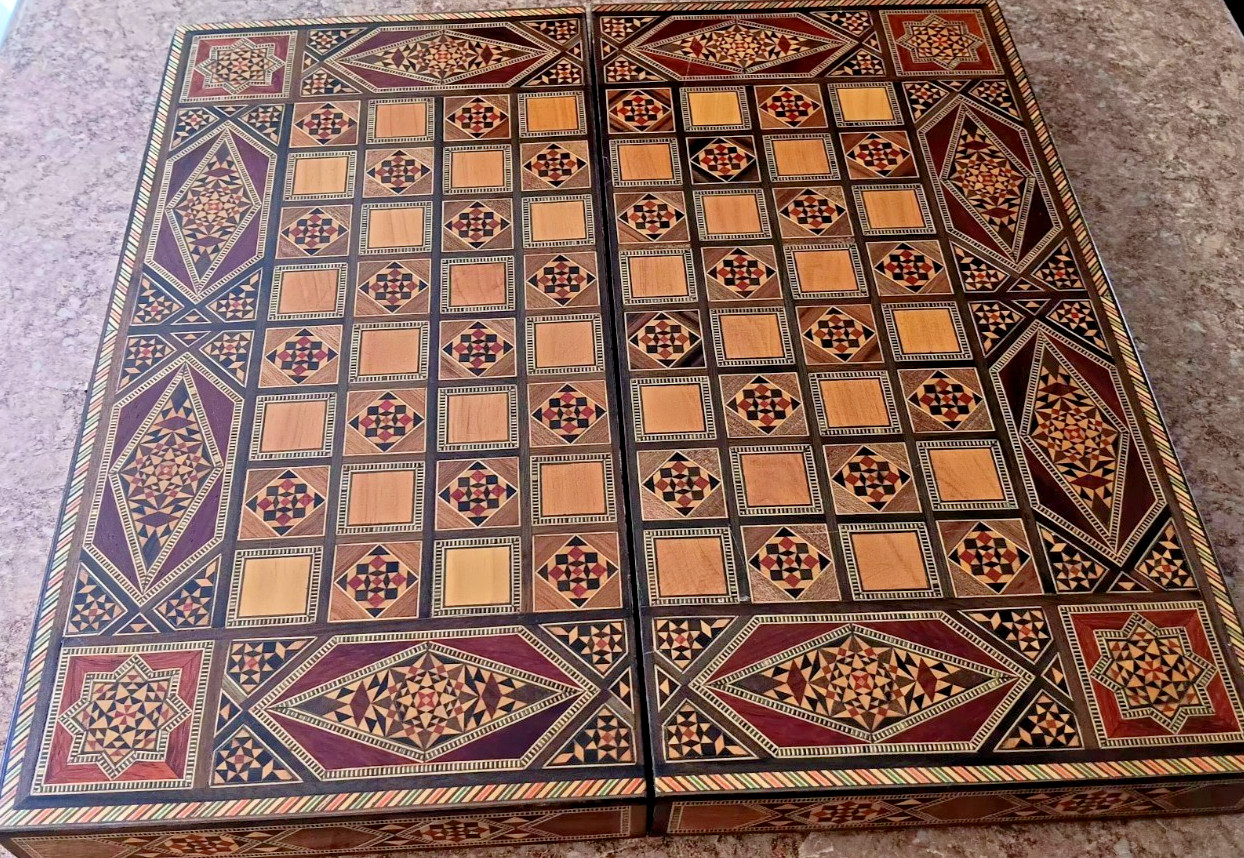 Wood Backgammon Game Box Vintage Inlaid Wood Middle Eastern Mosaic 16x8x3 inches