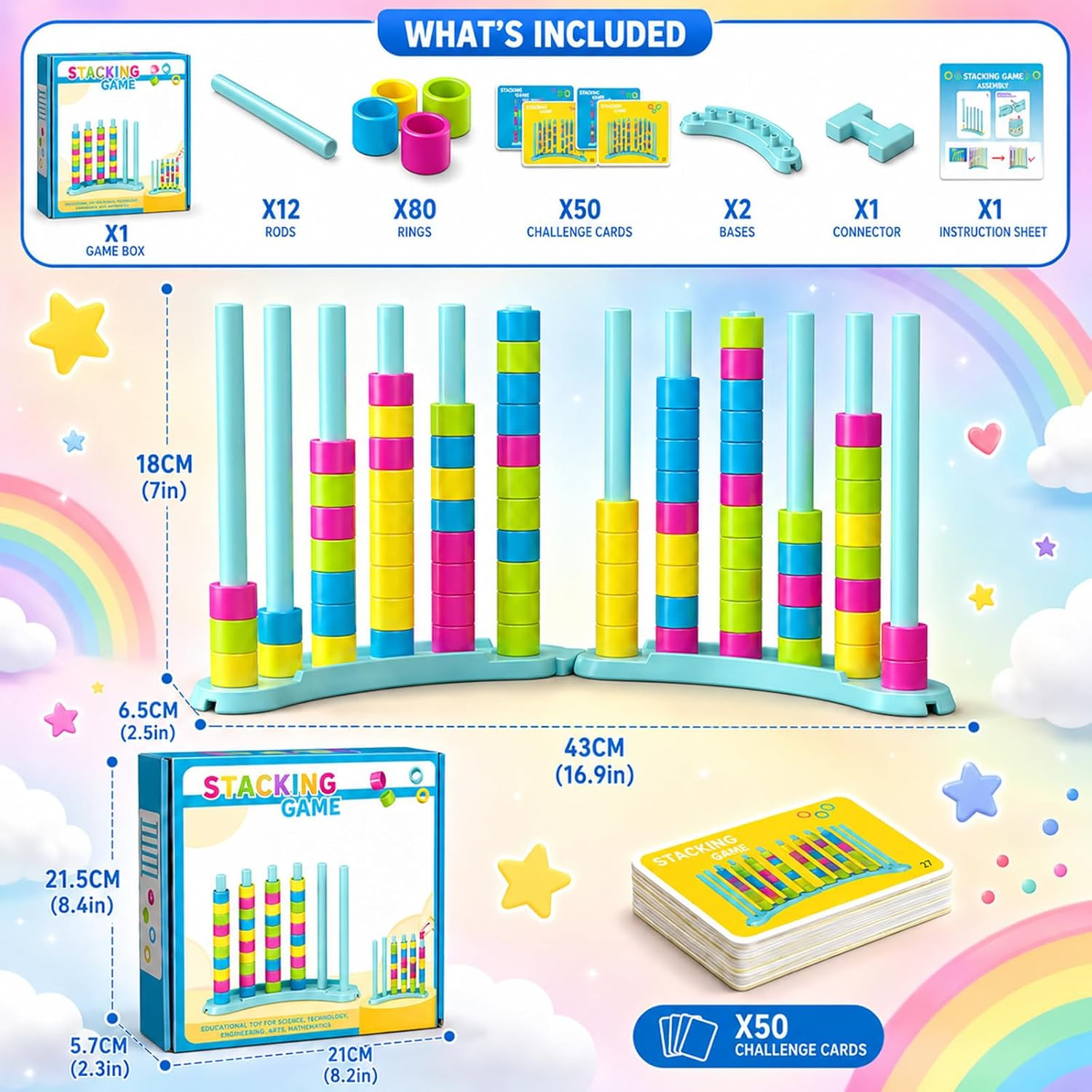 2 Pack Color Stack Challenge Game – Stacking Board Game Set with 2-4 Players Kid