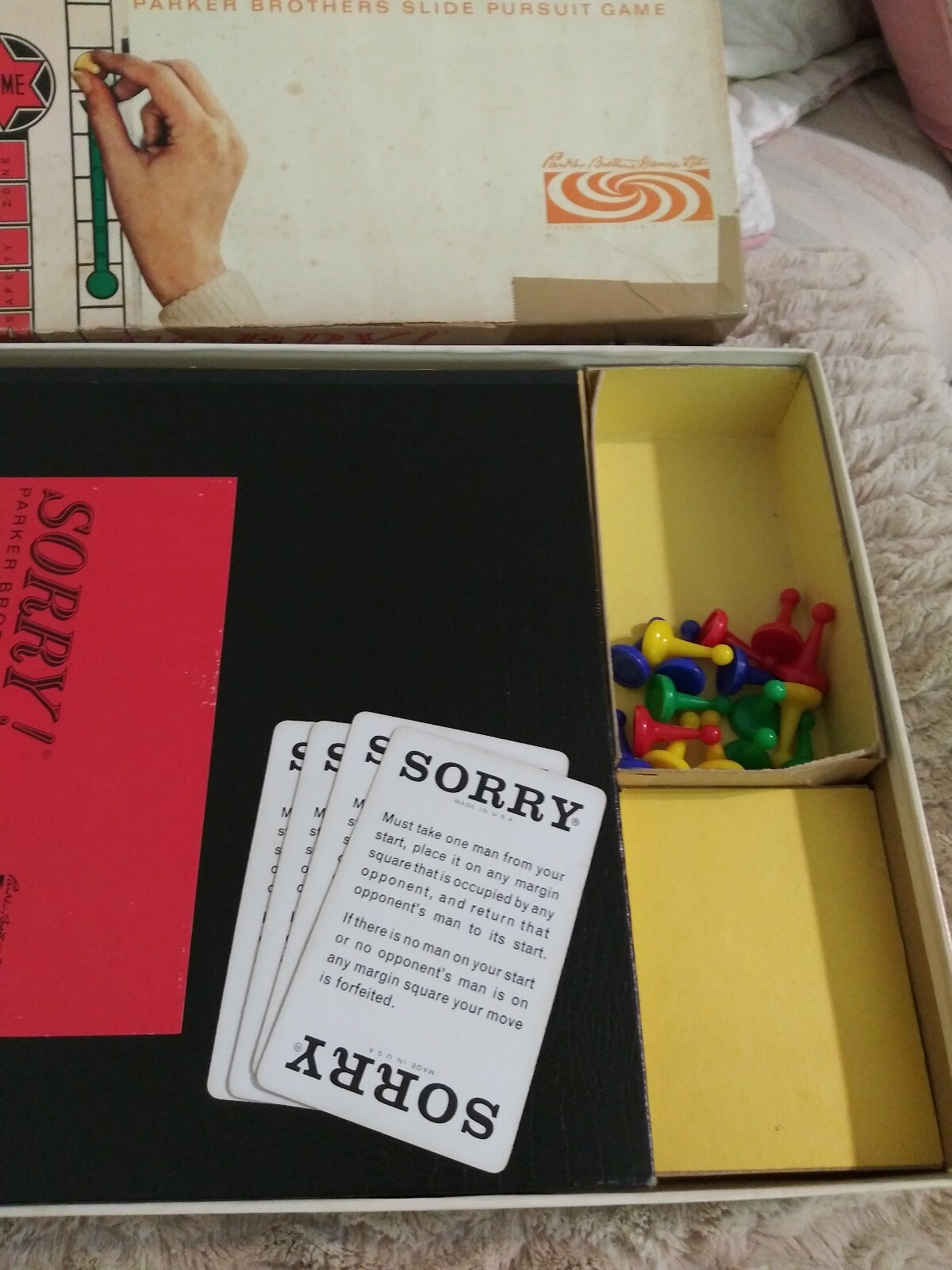Vtge P.B. SORRY Slide Pursuit Board Game-1964 Complete Bi-lingual Inst.