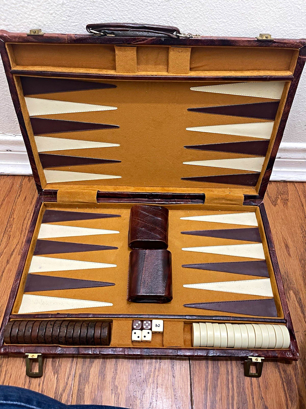 Backgammon Strategy Board Game Set w/ Brown Travel Case, Dice & Cups