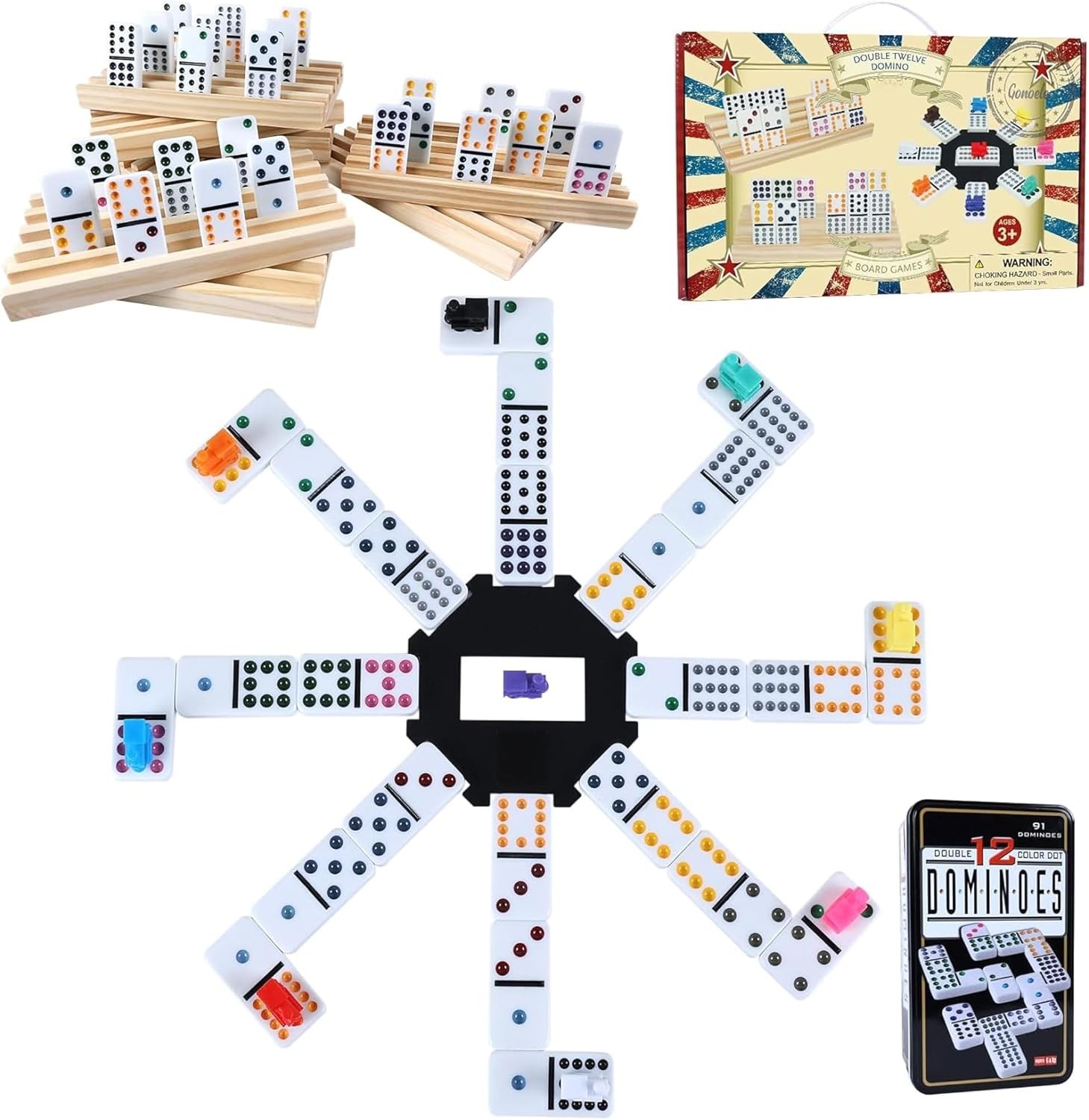 Double 12 Mexican Train Dominoes Set for Adults with 8PCS Wooden Holders, 9 T…