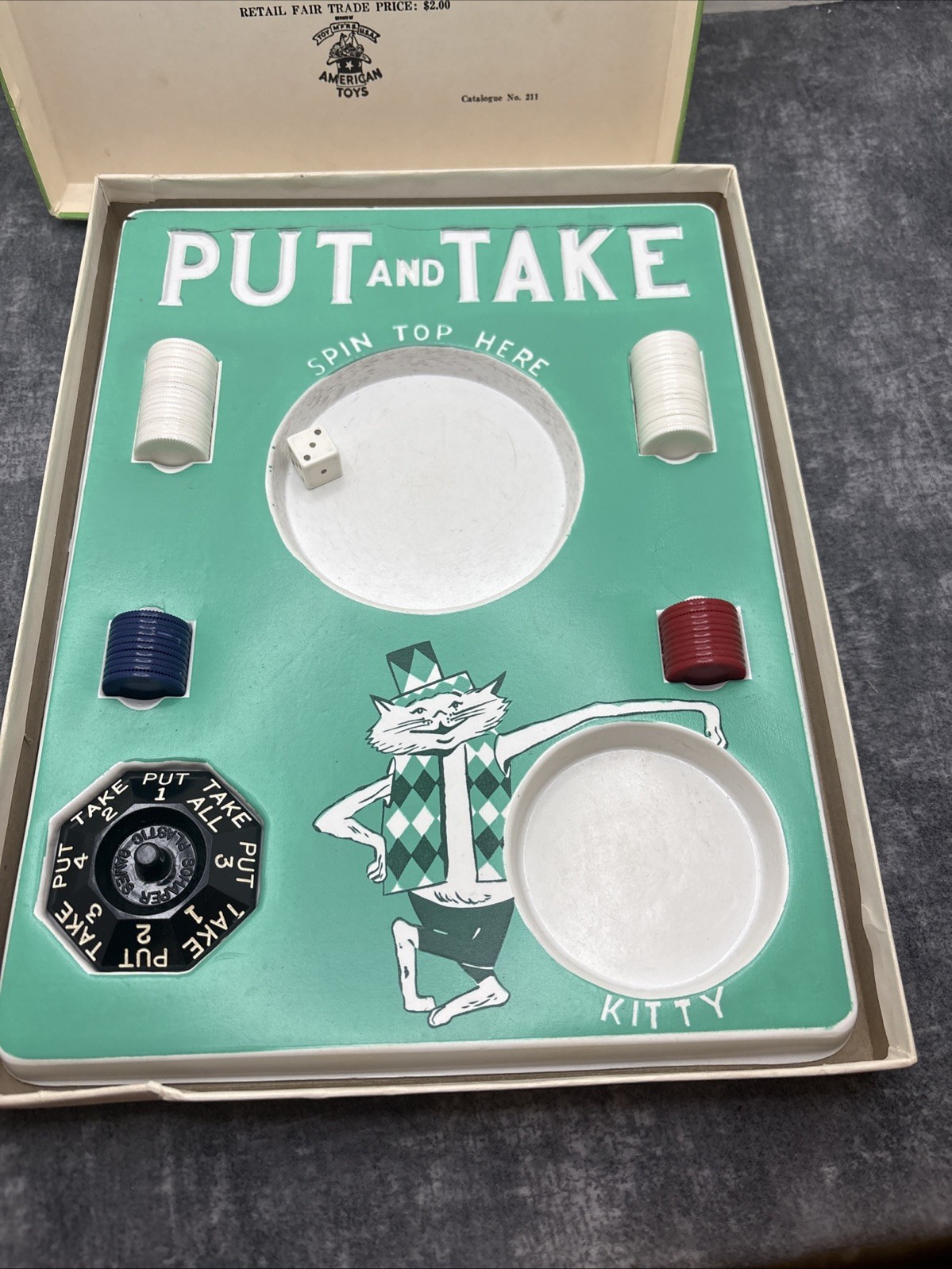 1956 Schaper “Put and Take – The Kitty” Board Game Complete Spinner & Chips VTG