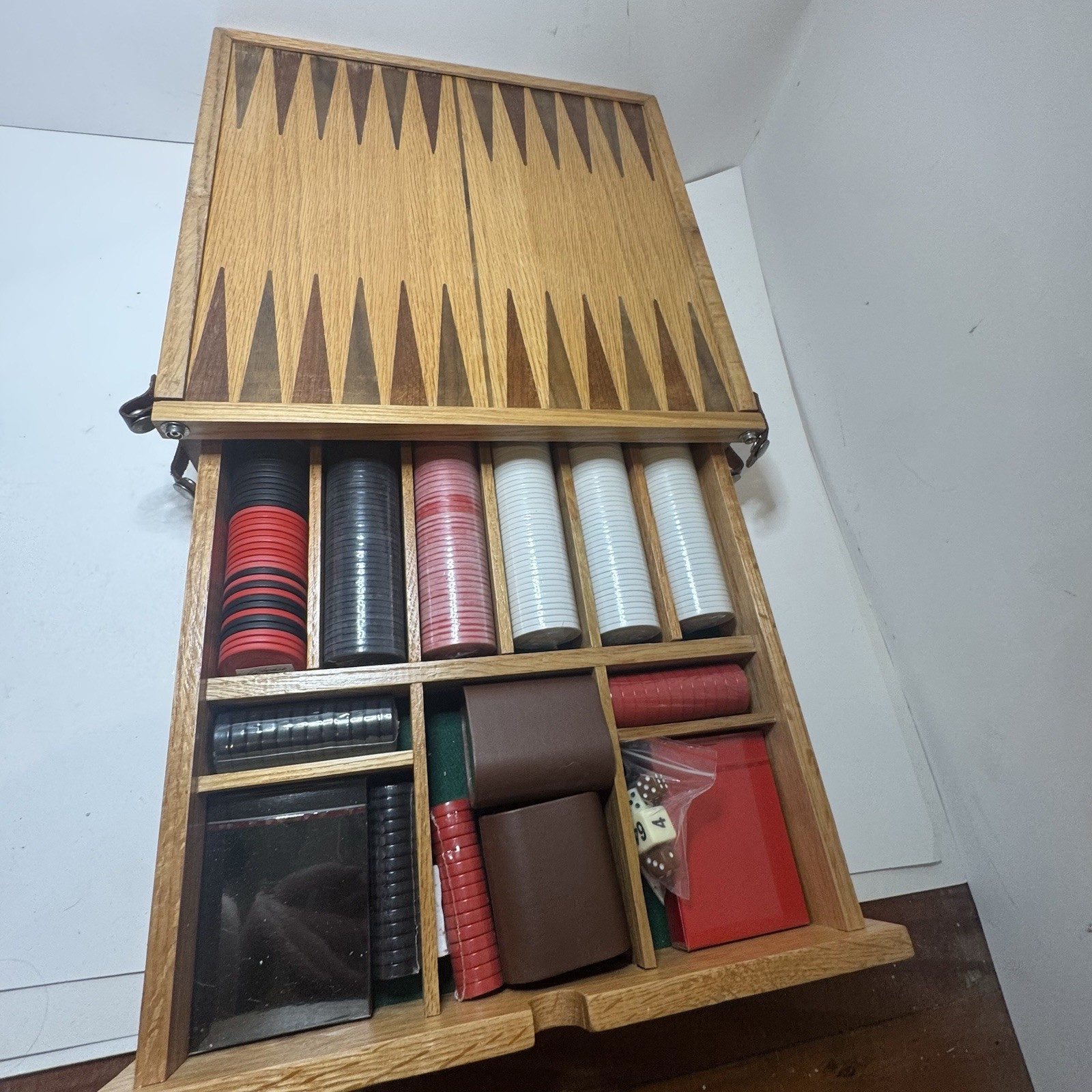 Vintage Wooden Chess Backgammon Game Box Incomplete Poker Chips Dice Cards Case