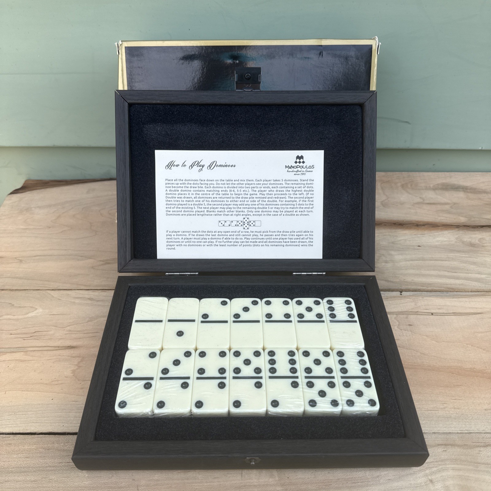 Luxury Manopoulos Dominoes Set W/Wood Case Handmade in Greece (SEALED NEW)