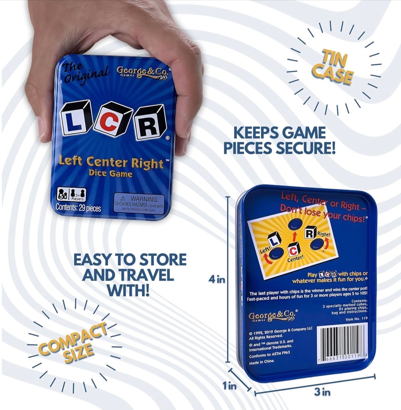 LCR – Left Center Right – Dice Game in Blue Tin Packaging – New Sealed