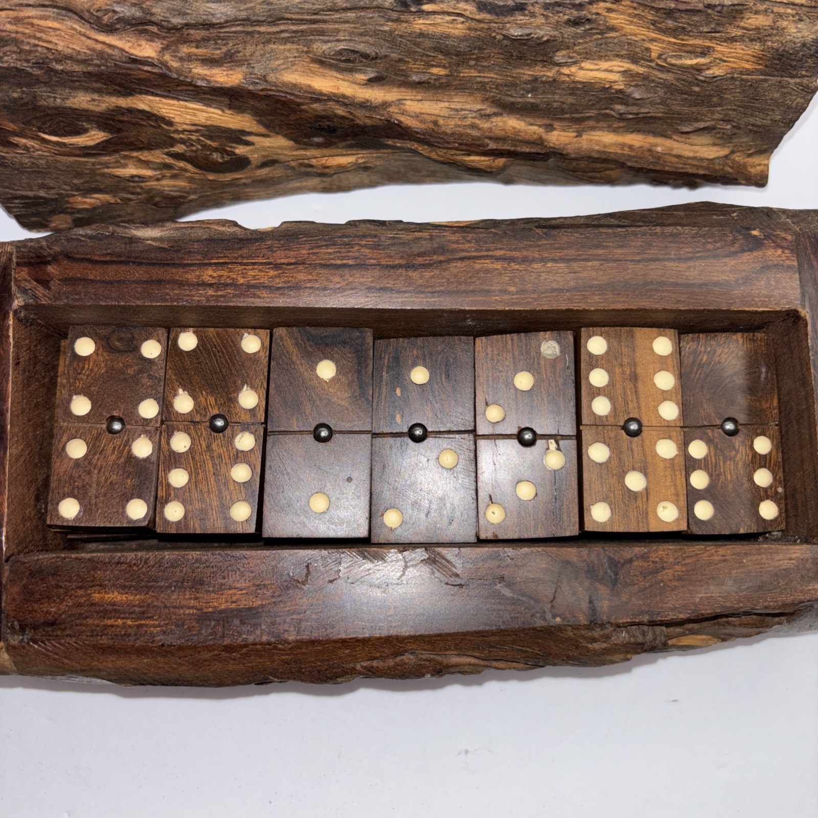 Vintage Hand Carved Wooden Domino Set Rustic Log Box Complete Game Set