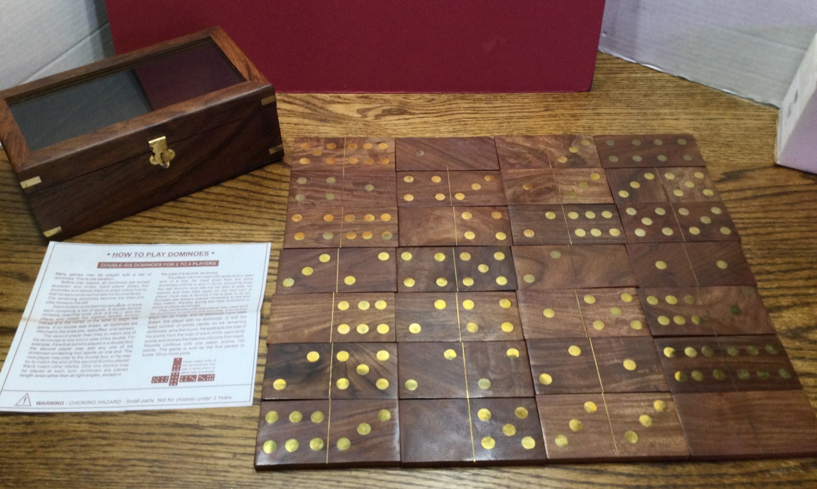 Wooden Domino Set with 28 Brass Inlay on 4″ x 1 7/8″ Tiles & Storage Box