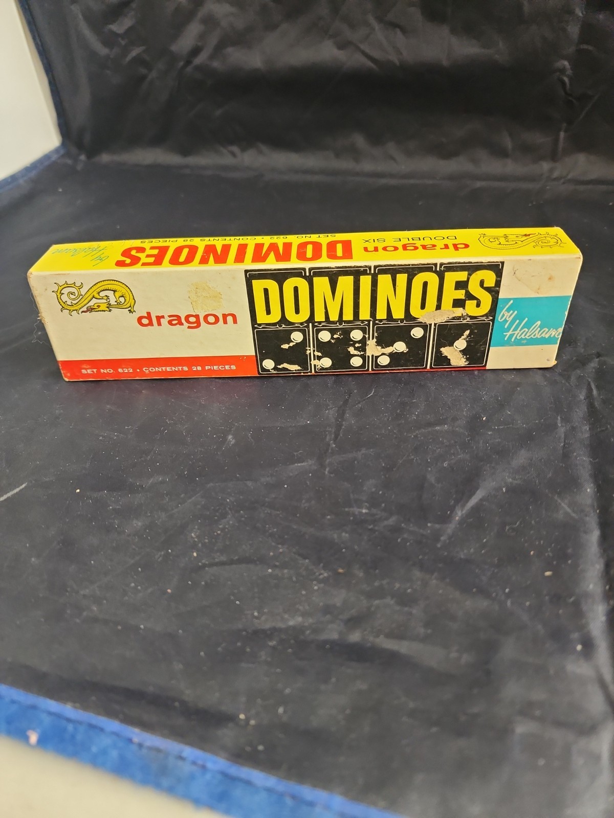 Vtg Dragon Double Six Dominoes Halsam set No 622 28 pieces Box Condition Good