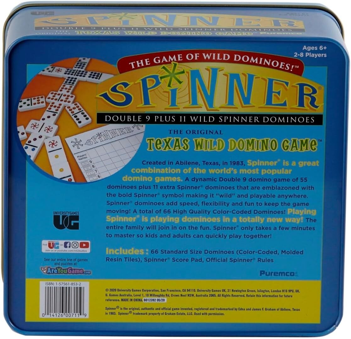 2004 Spinner Game of Wild Dominoes Travel Tin 2 to 8 Players NEW FREE SHIPPING