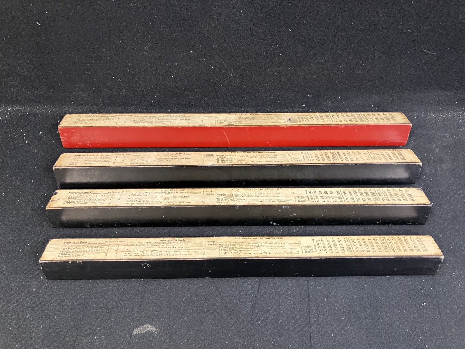 ANTIQUE MAH JONG 16″ WOOD TILE RACKS, LOT OF 4, INSTRUCTIONS ON BACK, 3 BL &1 RD