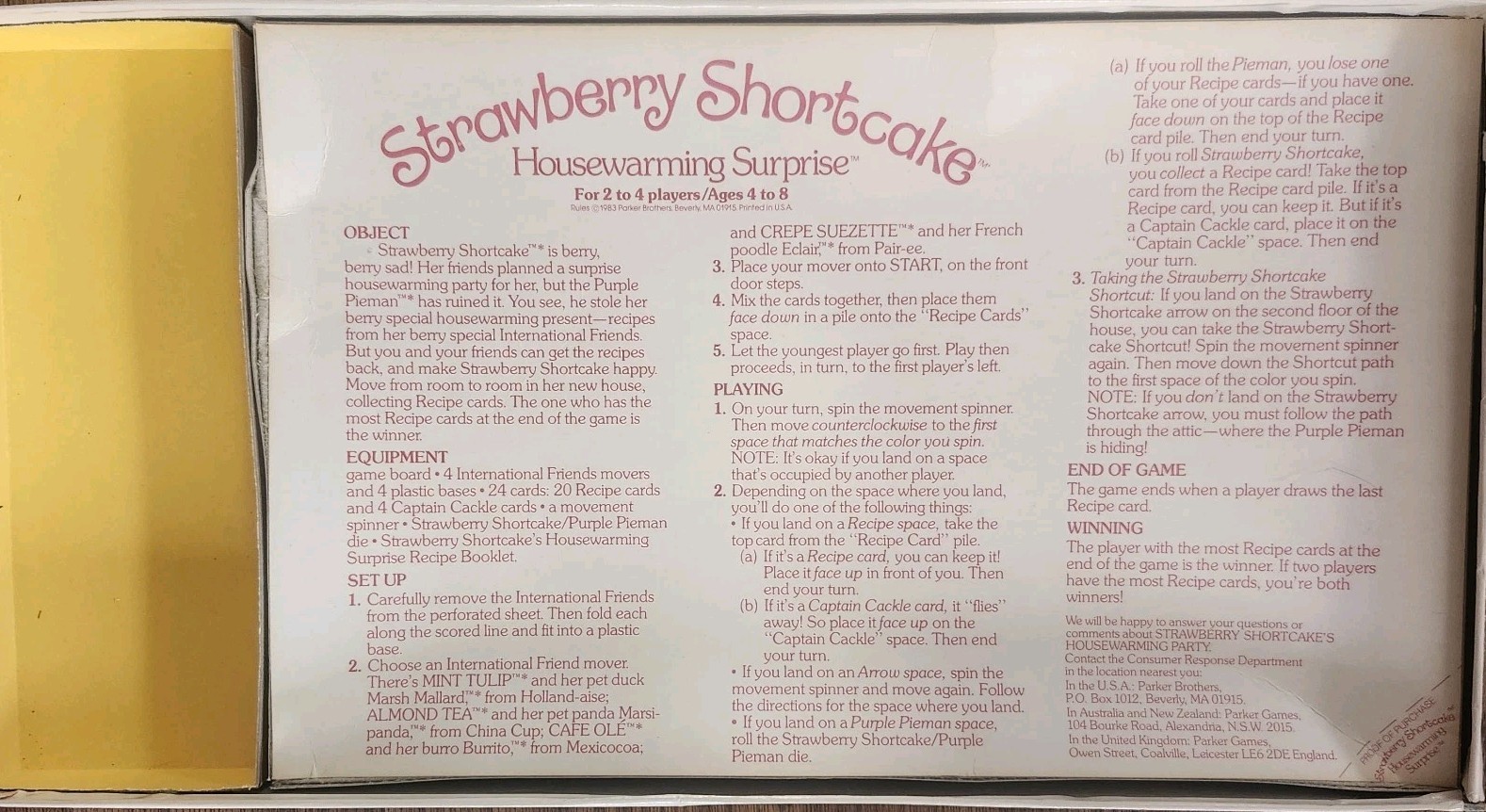 Vintage Strawberry Shortcake Housewarming Surprise Board Game 1983 Complete