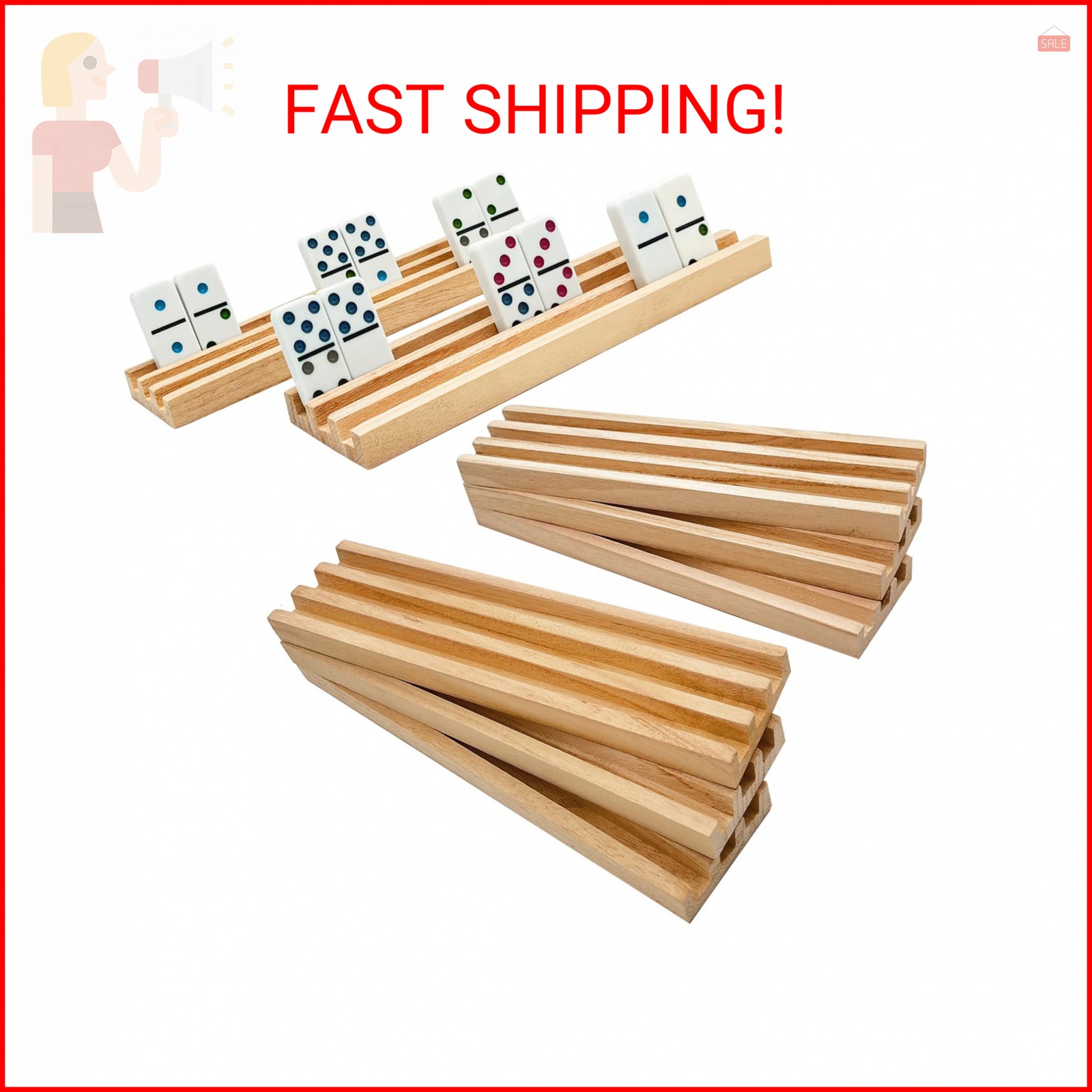 SUTIMSHE Wooden Domino Racks/Trays Set of 8 Natural Domino Trays Holders Organiz