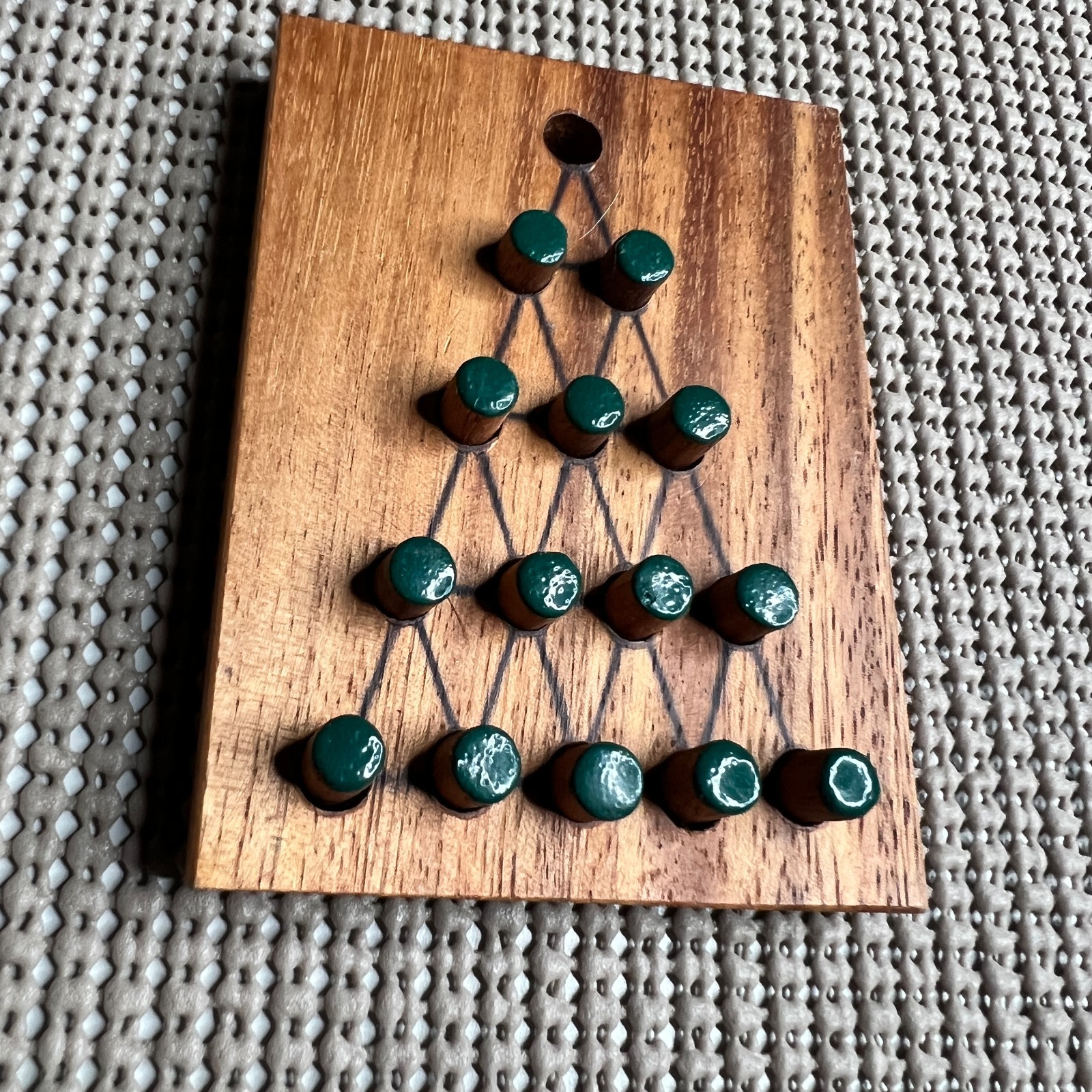 Vintage Wooden Peg Solitaire Triangle Board Game with Green Pegs
