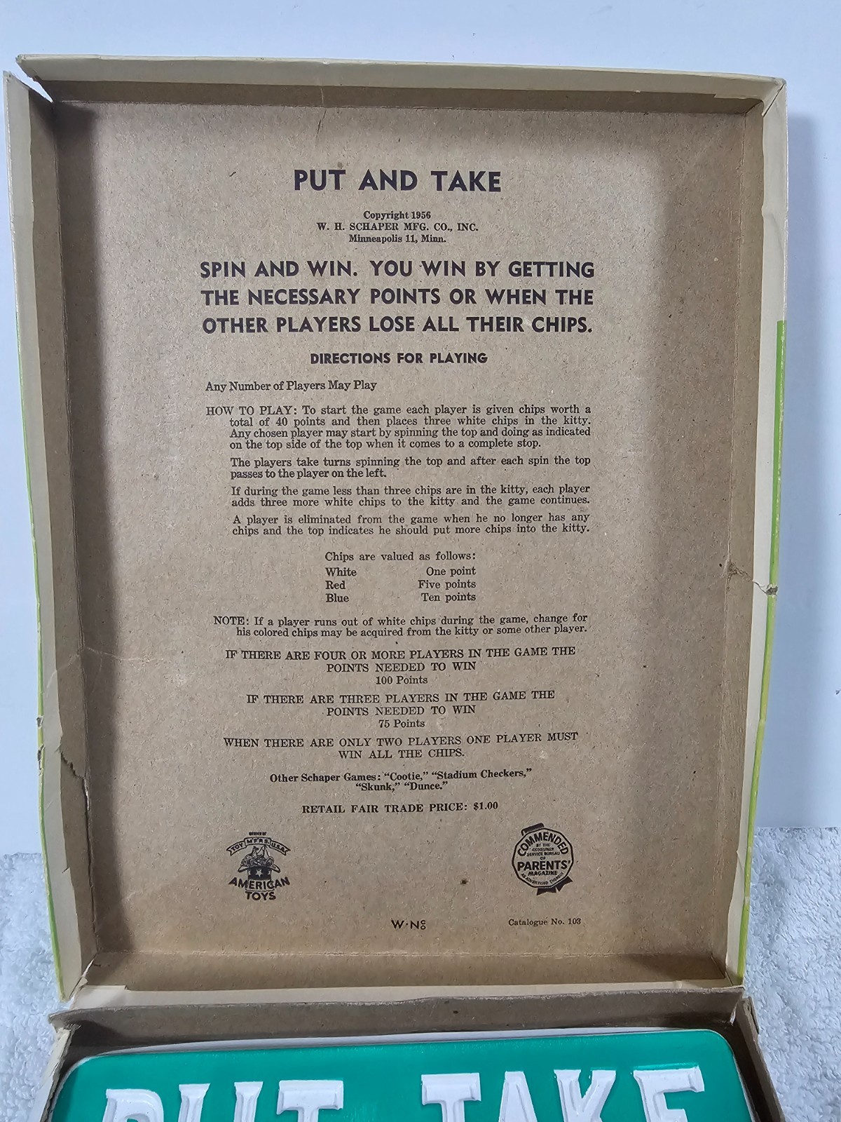 1956 Schaper “Put and Take – The Kitty” Board Game Complete Spinner & Chips VTG