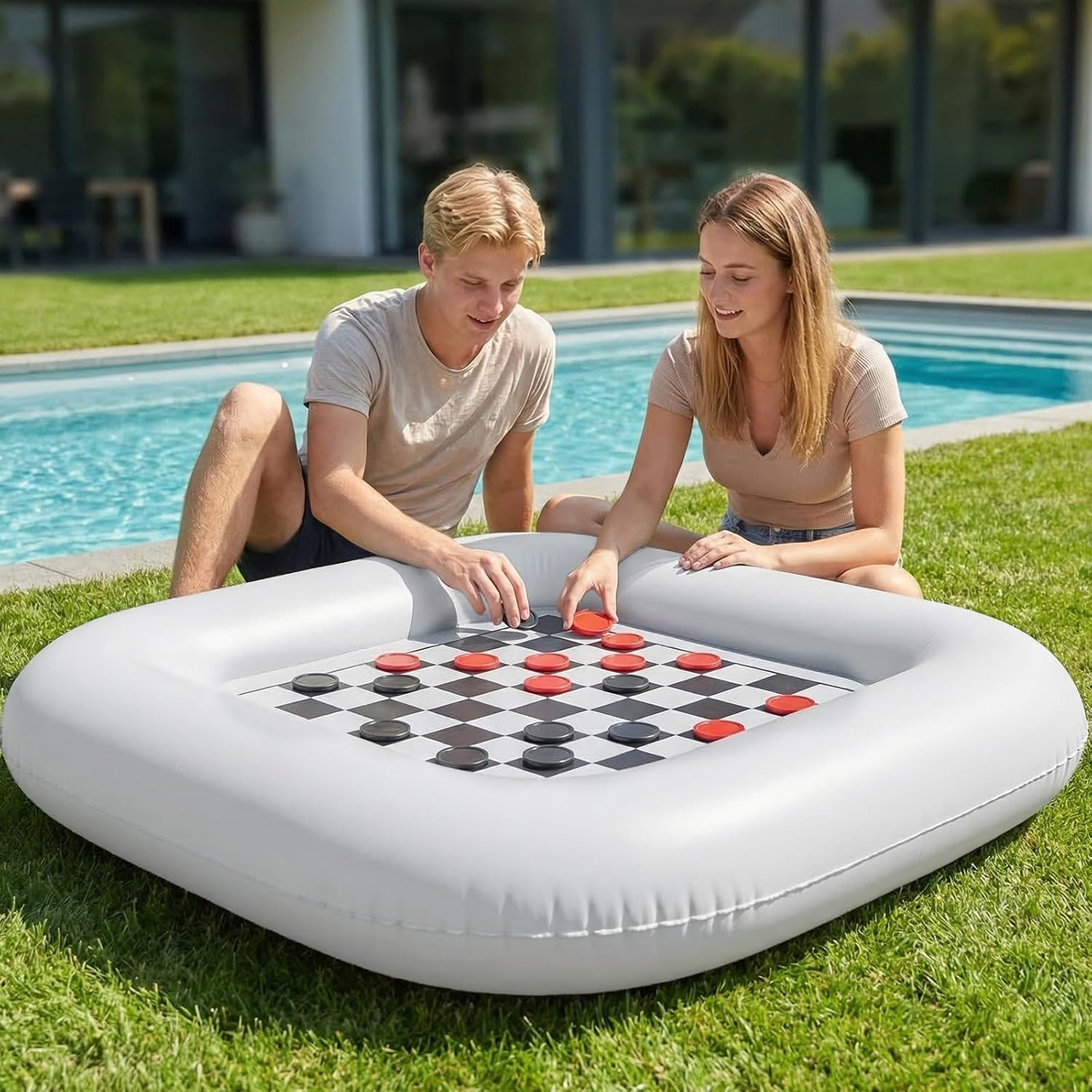 3-In-1 Pool Games Set Inflatable Giant Tic Tac Toe Checkers Board Game with 24 C