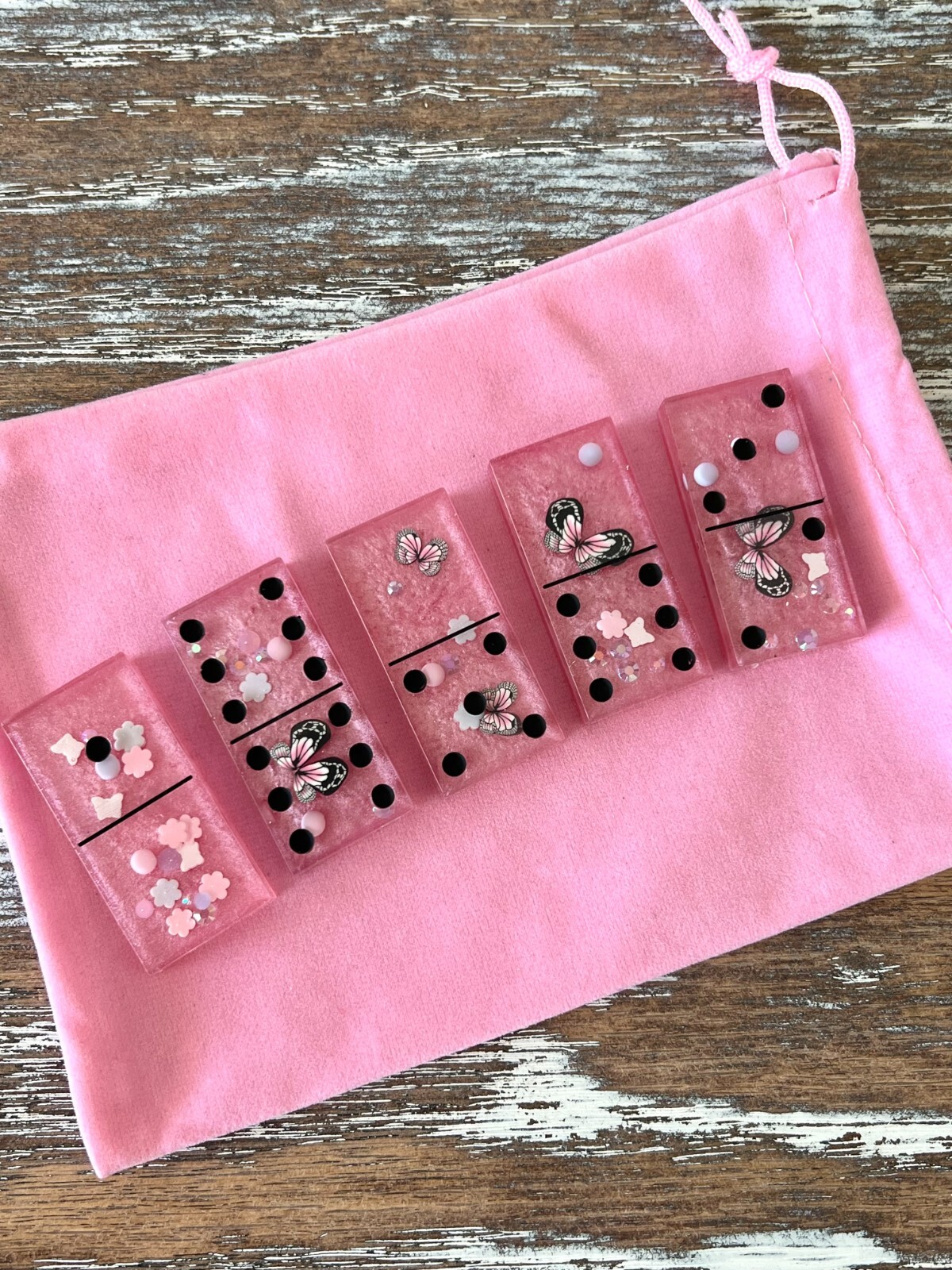 Butterfly Pink Resin Dominoes Game with Velvet Bag 28 pieces Glitter Handmade