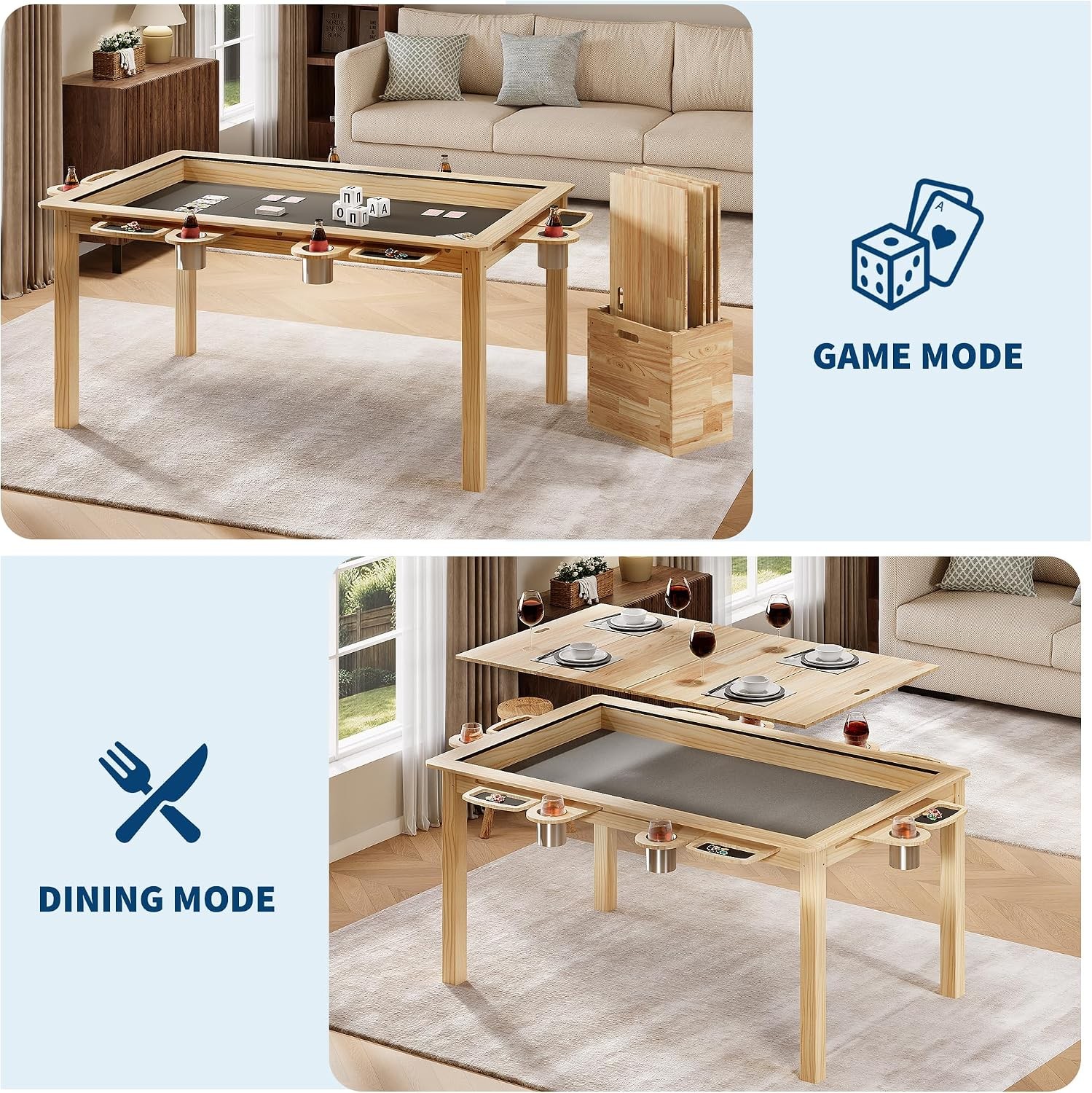 Convertible Board Game Table Solid Wood Dining Poker Table 6 Cup Holders & Mat