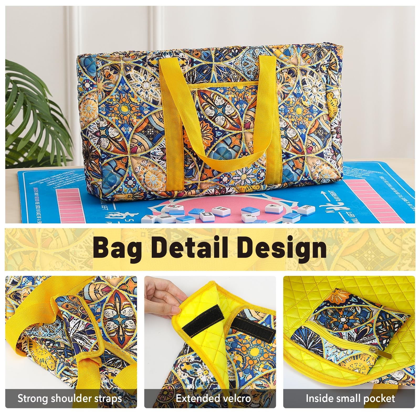 American Mahjong Tile Set with Yellow Printed Carrying Bag, 166 Blue Tiles, 4…