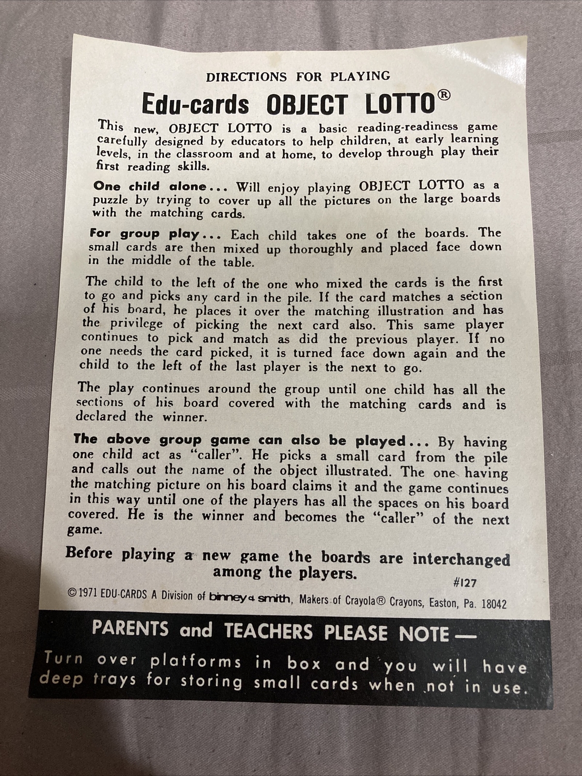 Object Lotto Edu-Cards Matching Game 127 KPB Industries, Cards Still Perforated!