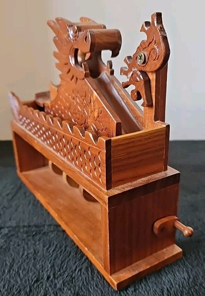 Unique Asian Dragon Themed Handmade Wooden Camshaft Marble Ball Mover Roller Vtg