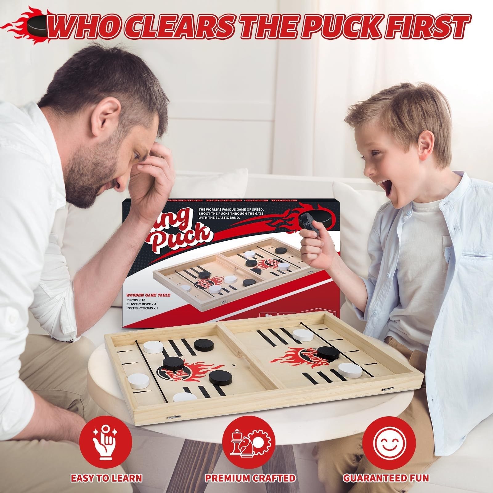 Large Fast Classic Slingshot Puck Game – Wooden Hockey Board for Family Fun, 2 P
