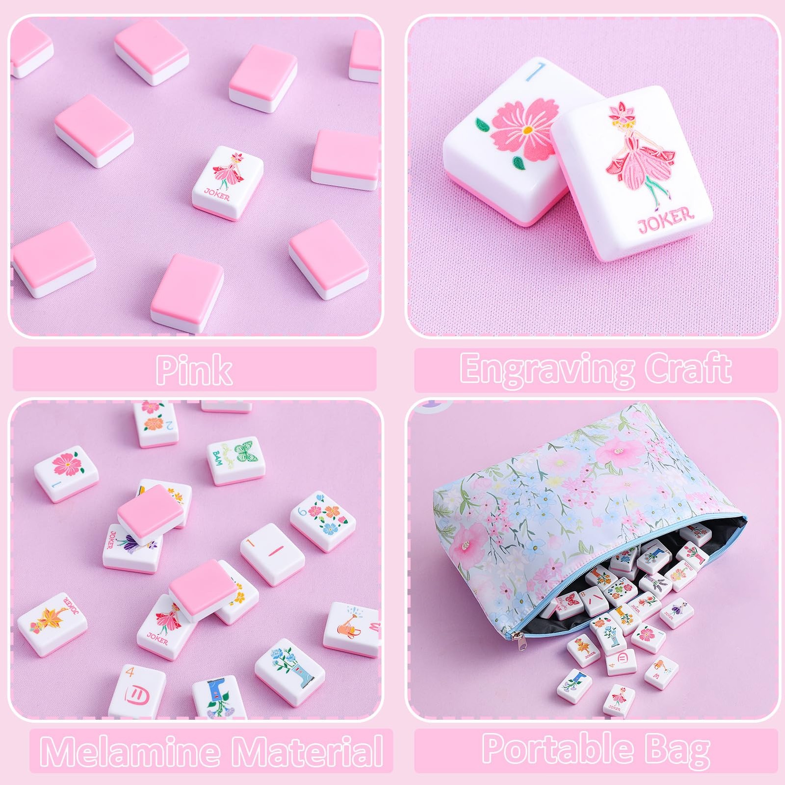 Mahjong Tile Set 160 Pink Melamine Tiles Bag Accessories 2026 American Engraved