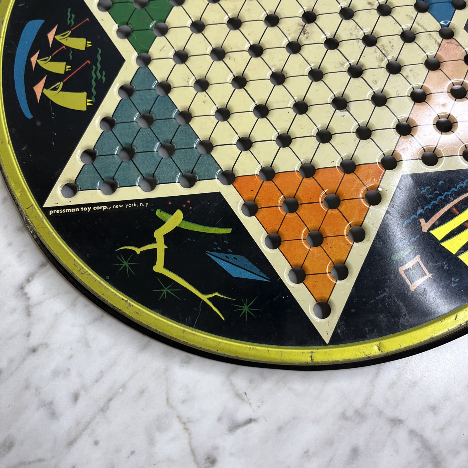 Vintage Pressman Toy Corp Chinese Checker Board Round Metal Multicolor 1153 USA