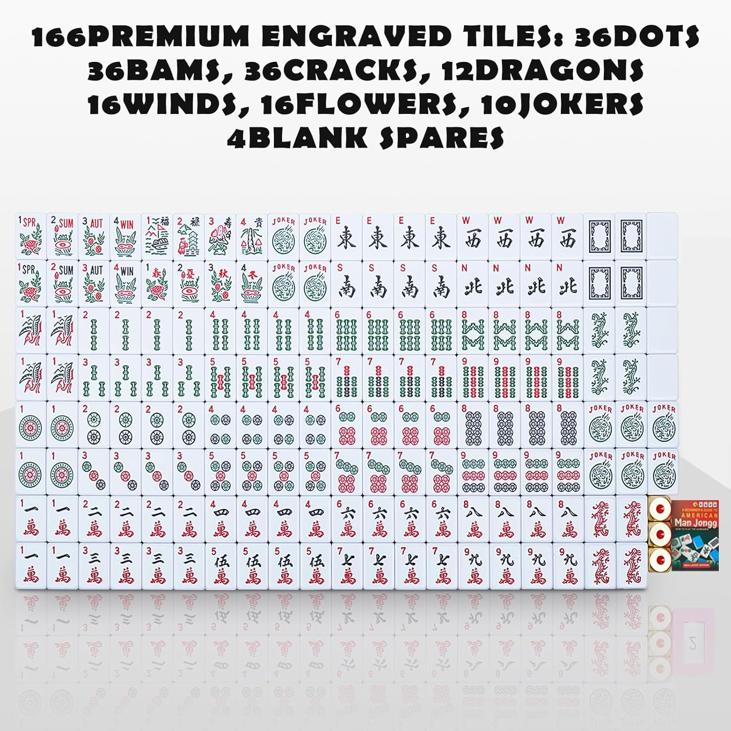 American Mahjong Tiles,166 Quality Ivory Tiles with 3 Golden Dices & Rules Instr